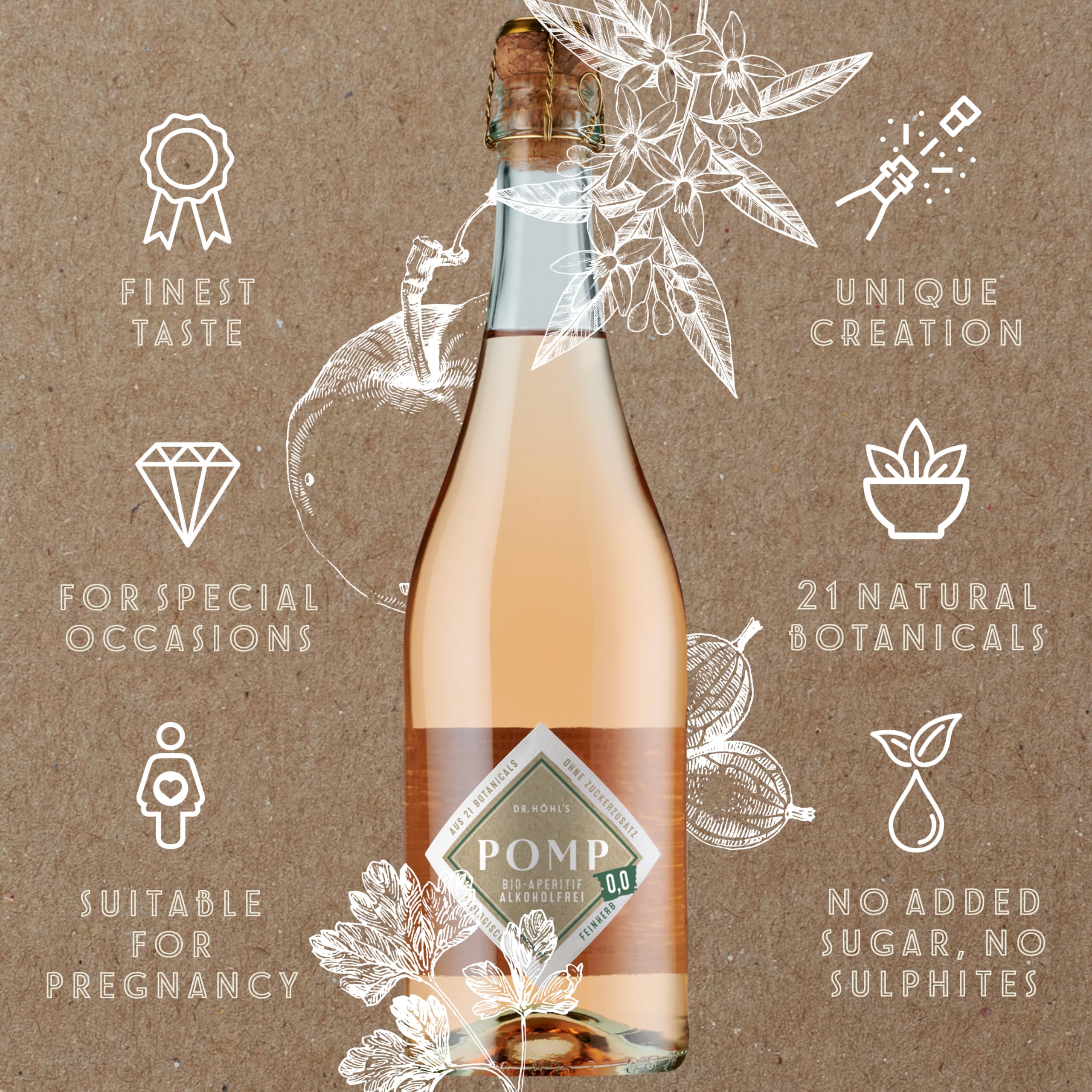 POMP 0,0 Cocktail und alkoholfreier Aperitif – 6 x 0,75 l Bio alkoholfrei – Gurke, Äpfel, Curcuma, Ingwer und mehr – Tonic Water Feinherb – ohne Alkohol, Sulfite & Zuckerzusatz – DR. HÖHL’S seit 1779