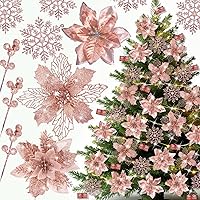 Vista 8 de 59 piezas 6 estilos de flores de Pascua artificiales para árbol de Navidad, adornos dorados de Navidad con tallos de bayas, copos de nieve, tarjetas