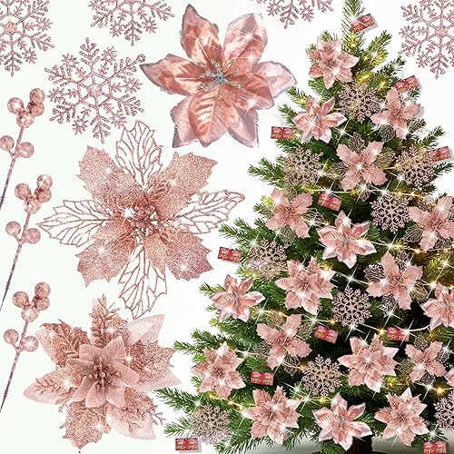Miniatura 8 de 59 piezas 6 estilos de flores de Pascua artificiales para árbol de Navidad, adornos dorados de Navidad con tallos de bayas, copos de nieve, tarjetas