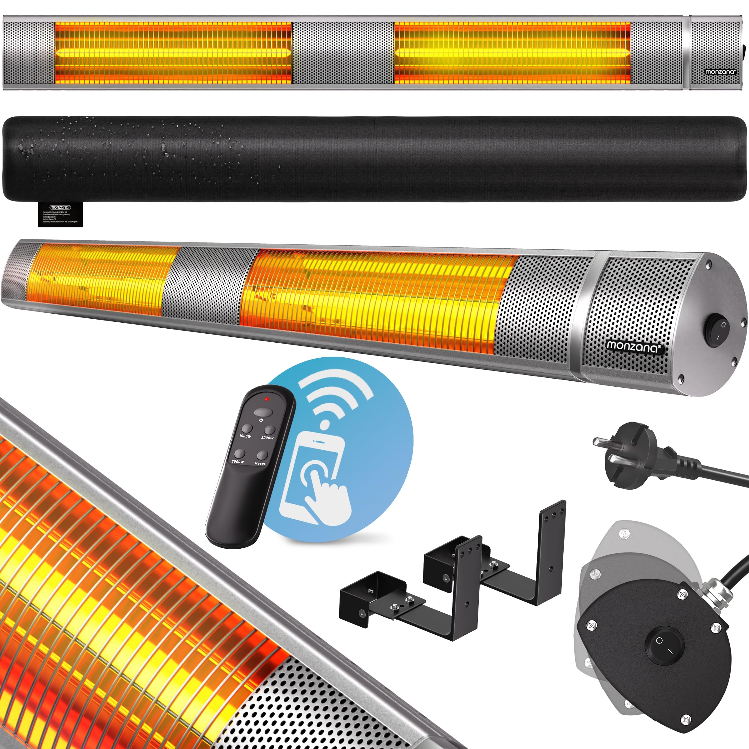 MONZANA® Infrarot Heizstrahler Goldröhre 3000W App Steuerung 3 Stufen Fernbedienung Outdoor Wärmestrahler Terrassenheizer Terrassenstrahler Silber