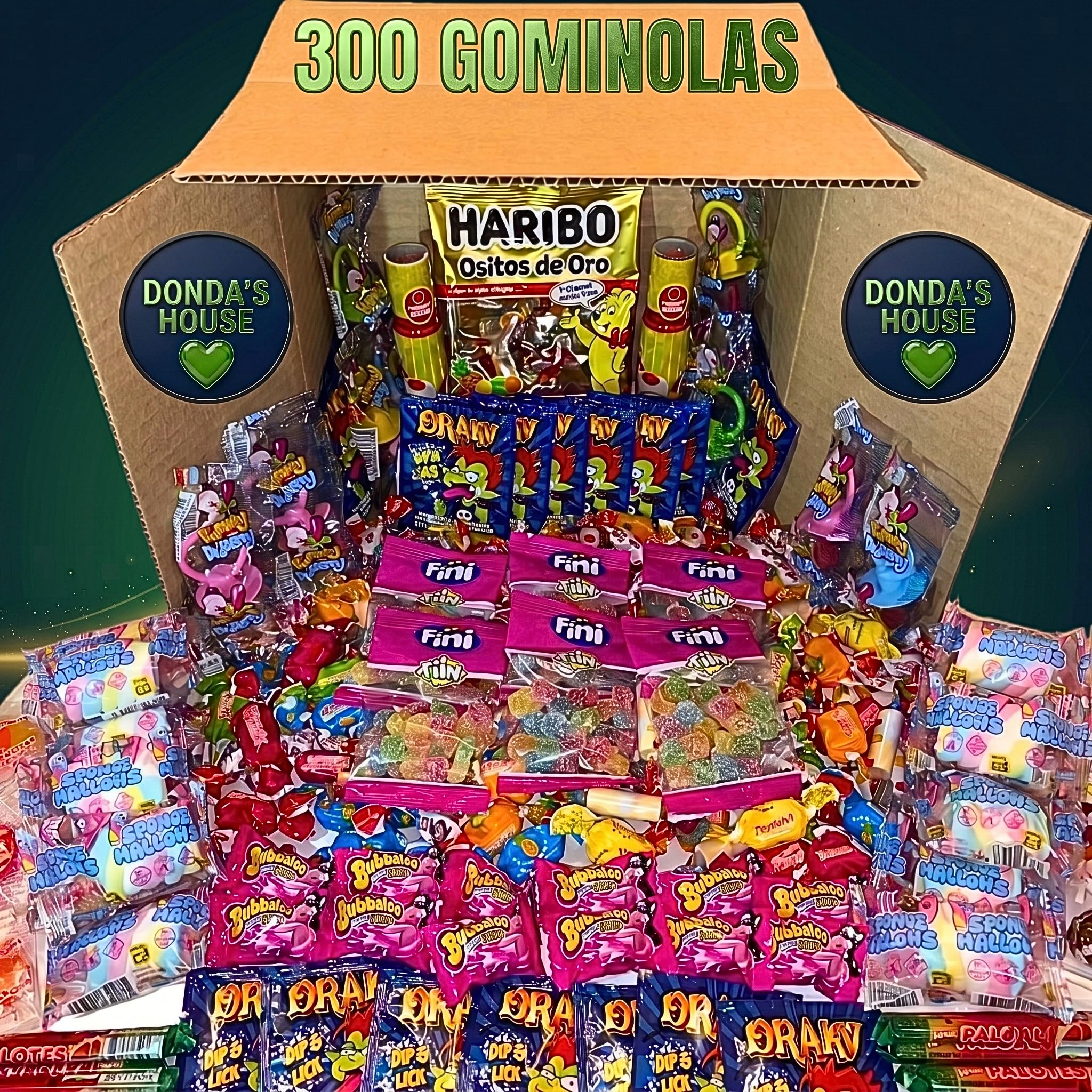 Donda's House® Caja de chuches 300 Ud. Caramelos y Golosinas. Gominolas Para Cumpleaños, Chuches para Piñatas, Todo el surtido envuelto individualmente. (Grande 300)