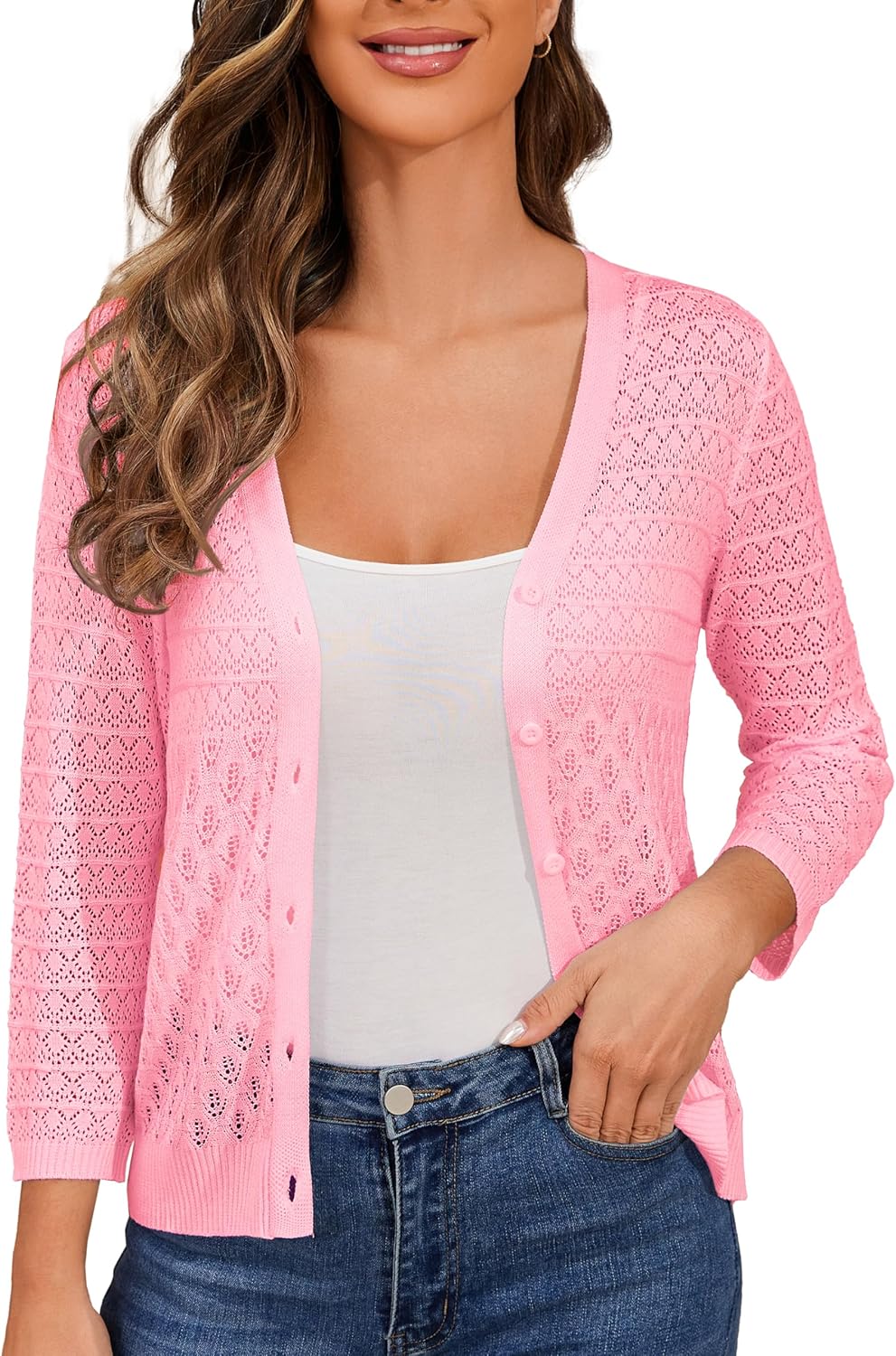 OPREXO Women's Lightweight Crochet Cardigan 3/4 Sleeve Cropped V Neck Button Shrug Knit Sweater Tops