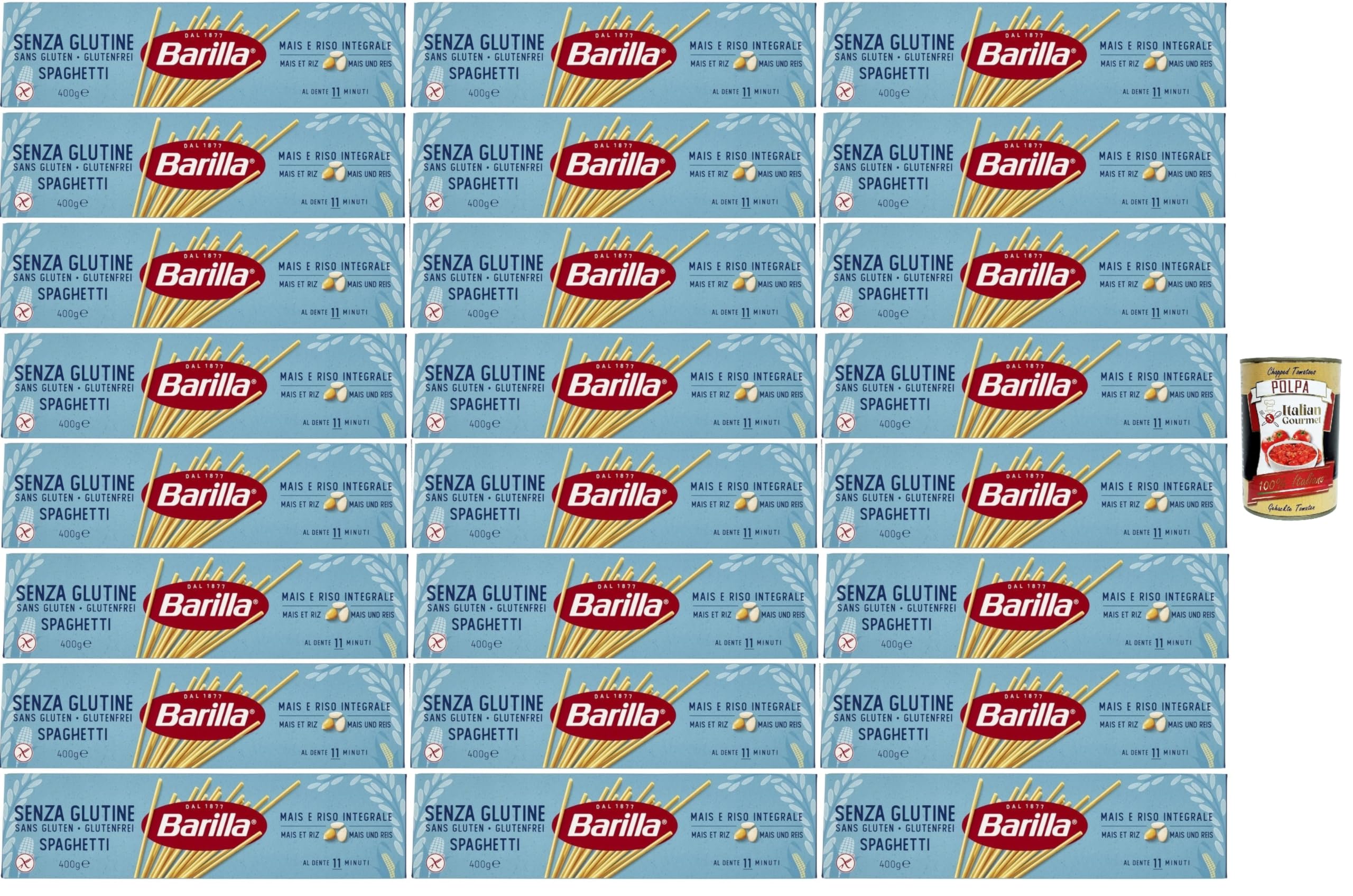 Italian Gourmet Spaghetti senza glutine glutenfreie Pasta 24 x 400g | Con mais e riso integrale; vegan, laktosefrei, al dente in 11 Minuten, Gesamtnettogewicht 9,6 kg + Kostenlos Polpa 400g