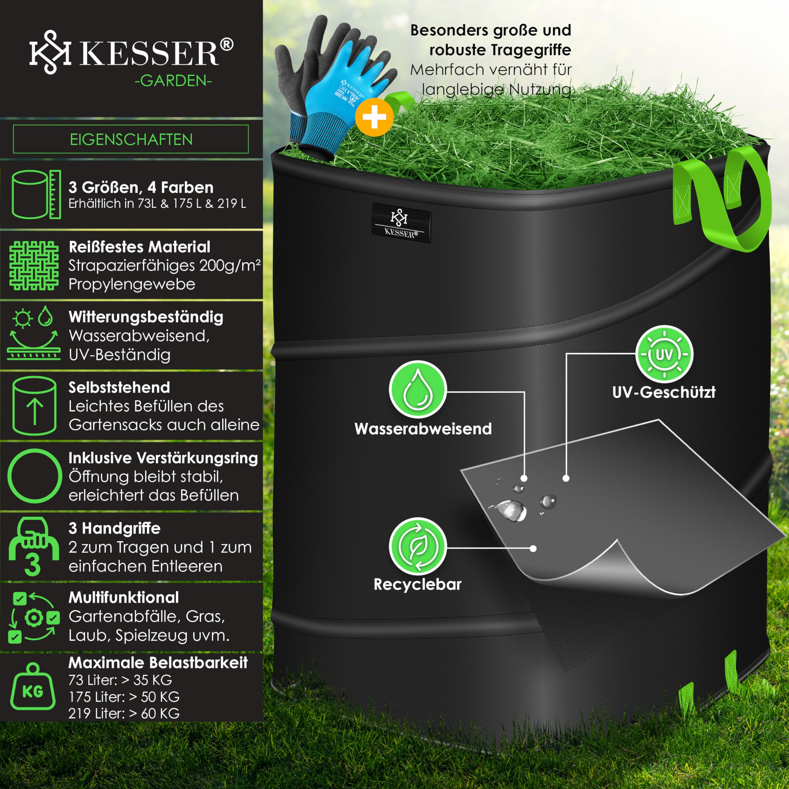 KESSER® Set di Sacchi da Giardino Pop-up - 4x 73 Litri, Sacco per Rifiuti da Giardino con Guanti, Autoportante con Maniglie, Robusto, Robusto e Richiudibile, Nero/Verde Chiaro