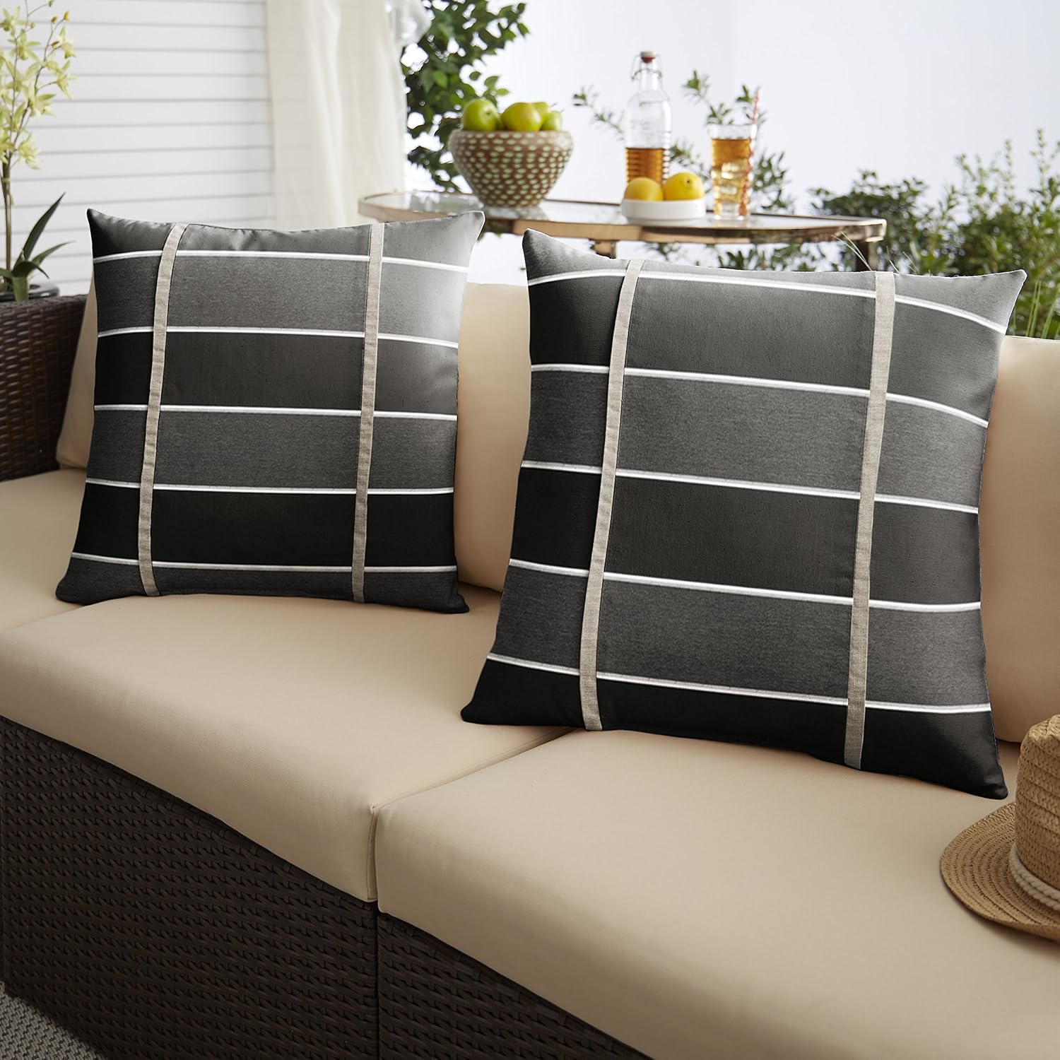 Mozaic Company AMPS112311 Indoor Outdoor SunbrellaSquare Pillows, Set of 220 x 20 Grey/Black Stripes & Silver Grey
