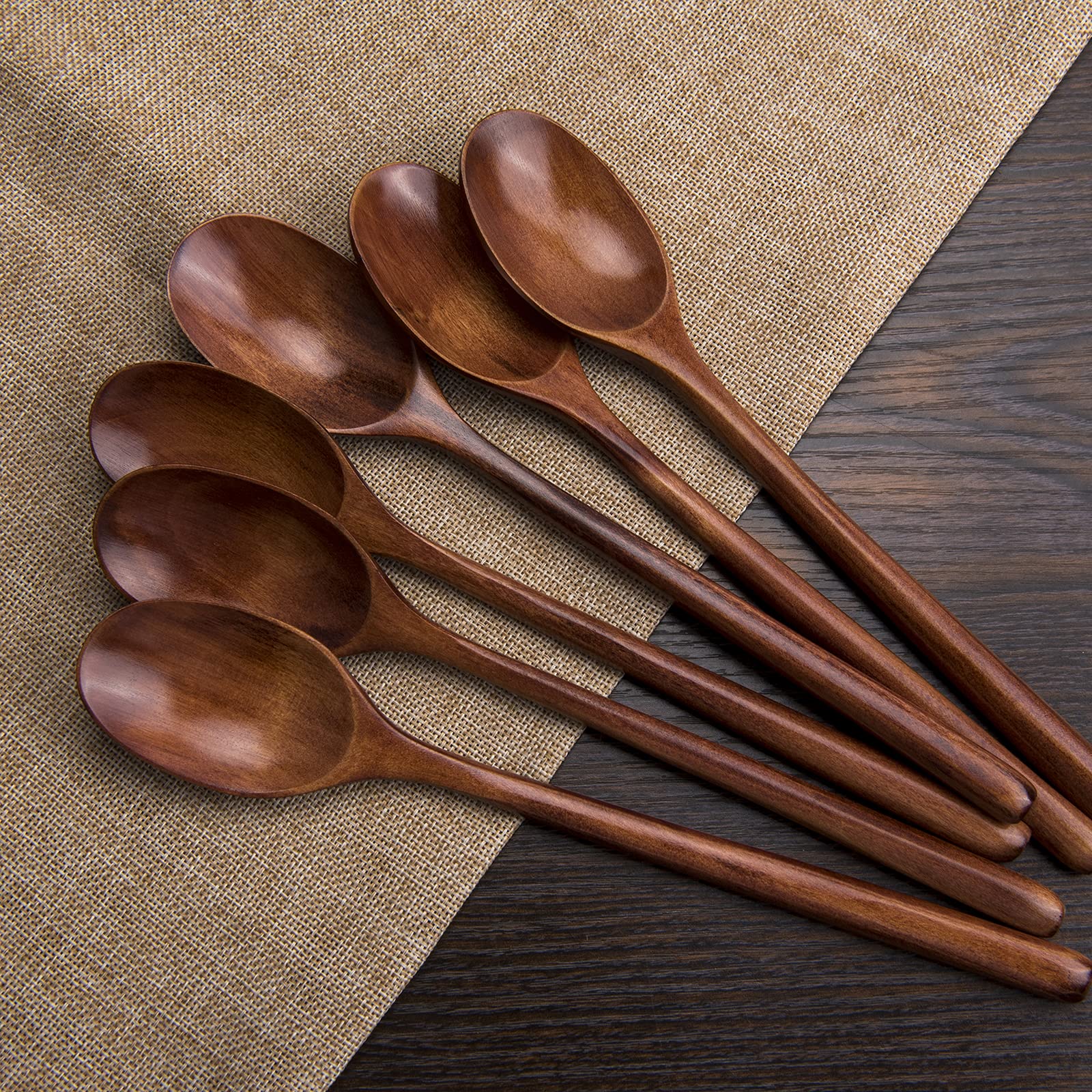 Wooden Spoons 6PCS 9 Inch Long Handle Wood Spoons for Eating Wood Soups Spoon Mixing Stirring Wooden Honey Spoon for Daily Use