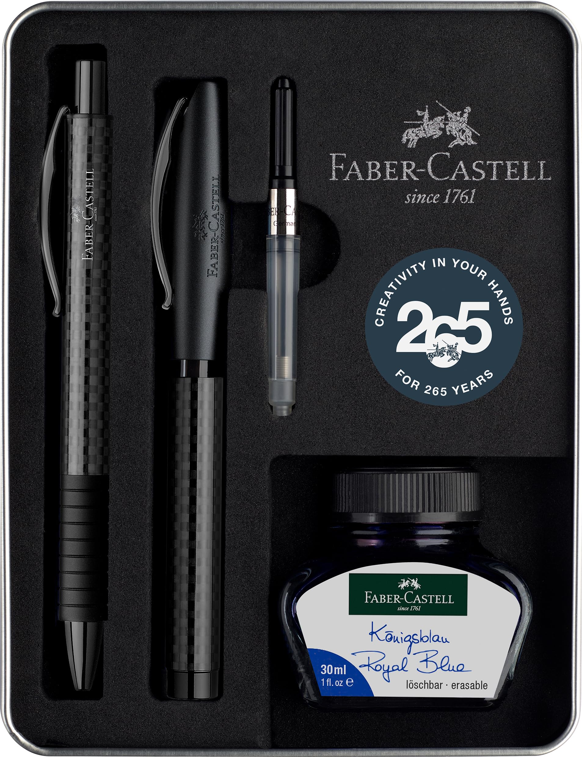 Faber-Castell - zestaw upominkowy Essentio Carbon, czarny | Zestaw z piórem wiecznym M, długopisem, konwerterem i kałamarzem 30 ml, edycja jubileuszowa w metalowym pudełku