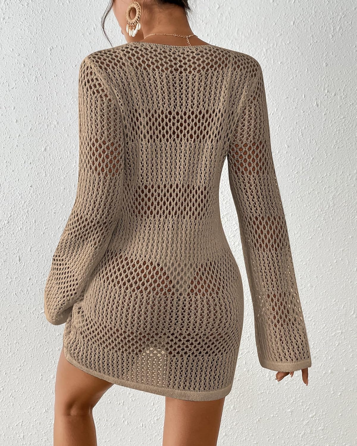 Bsubseach Women Swimsuit Crochet Coverup Long Sleeve V Neck Beach Knit Bathing Suits Cover Ups Mesh Bikini Hollow Out Dress