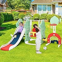 Vista 7 de 7 in 1 Toddler Slide and Swing Set, Kids Freestanding Slide Climber with Adjustable Swing and Basketball Hoop, Soccer Golf and Ring Toss Game
