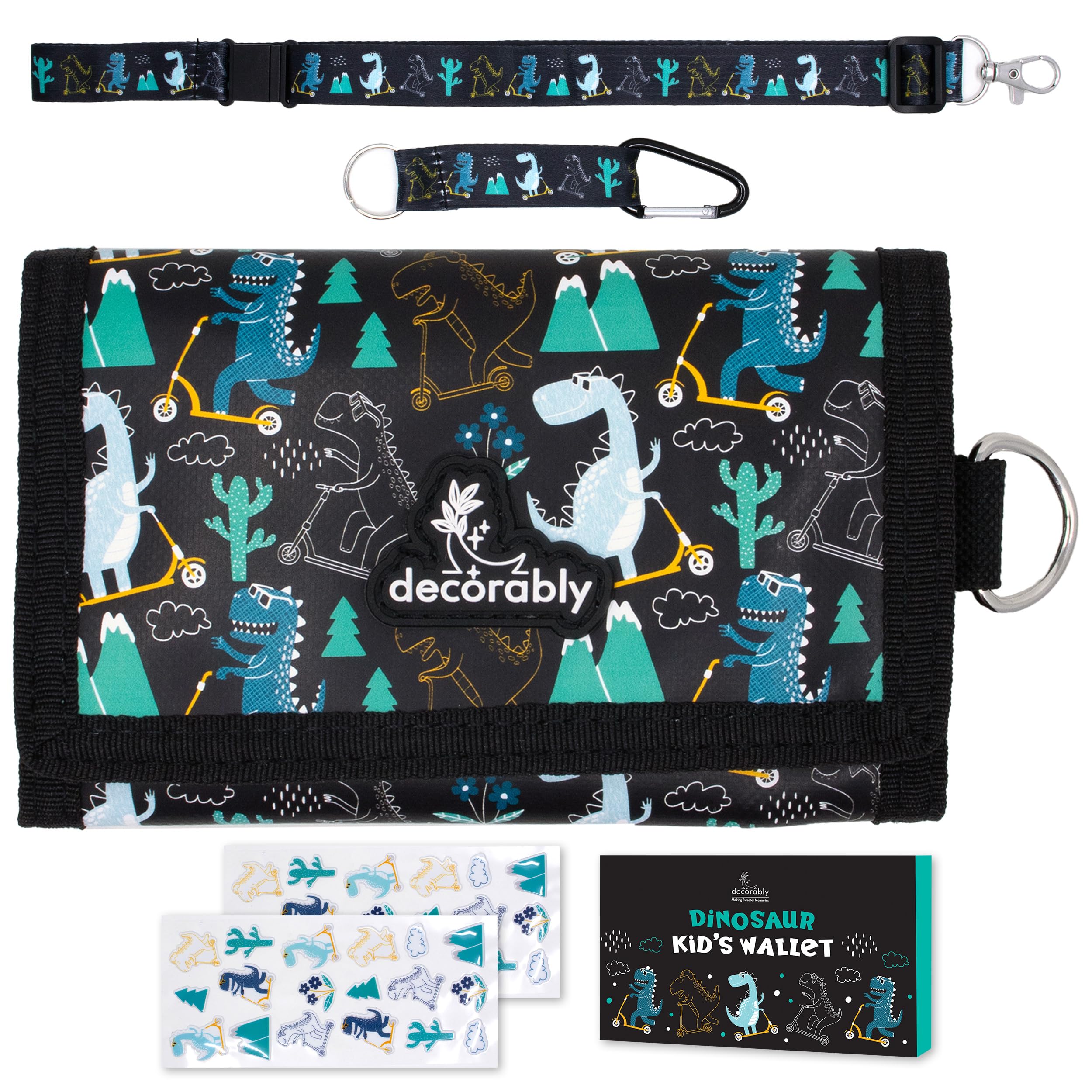 Decorably Trifold Dinosaur Kids Wallet for Boys with Lanyards, Multi-Compartment with Zipper Bill and Coin Pockets, Card Slots, ID Window, Info Card and Stickers - for Birthday Gifts, Party Favors
