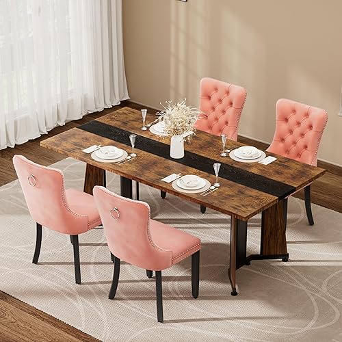 Miniatura 26 de Juego de mesa de comedor de 7 piezas con 6 sillas, mesa de comedor rectangular de madera de 71 pulgadas con sillas de comedor de terciopelo, tablero