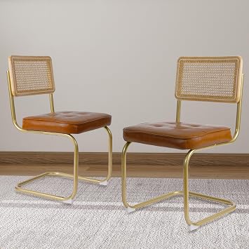 CangLong Natural Rattan Dining Chairs Set of 2, Upholstered Faux Leather Kitchen Chairs, Modern Dining Room Chairs with Solid Wood Back & Sturdy Metal Legs for Living Room, Restaurant, Brown