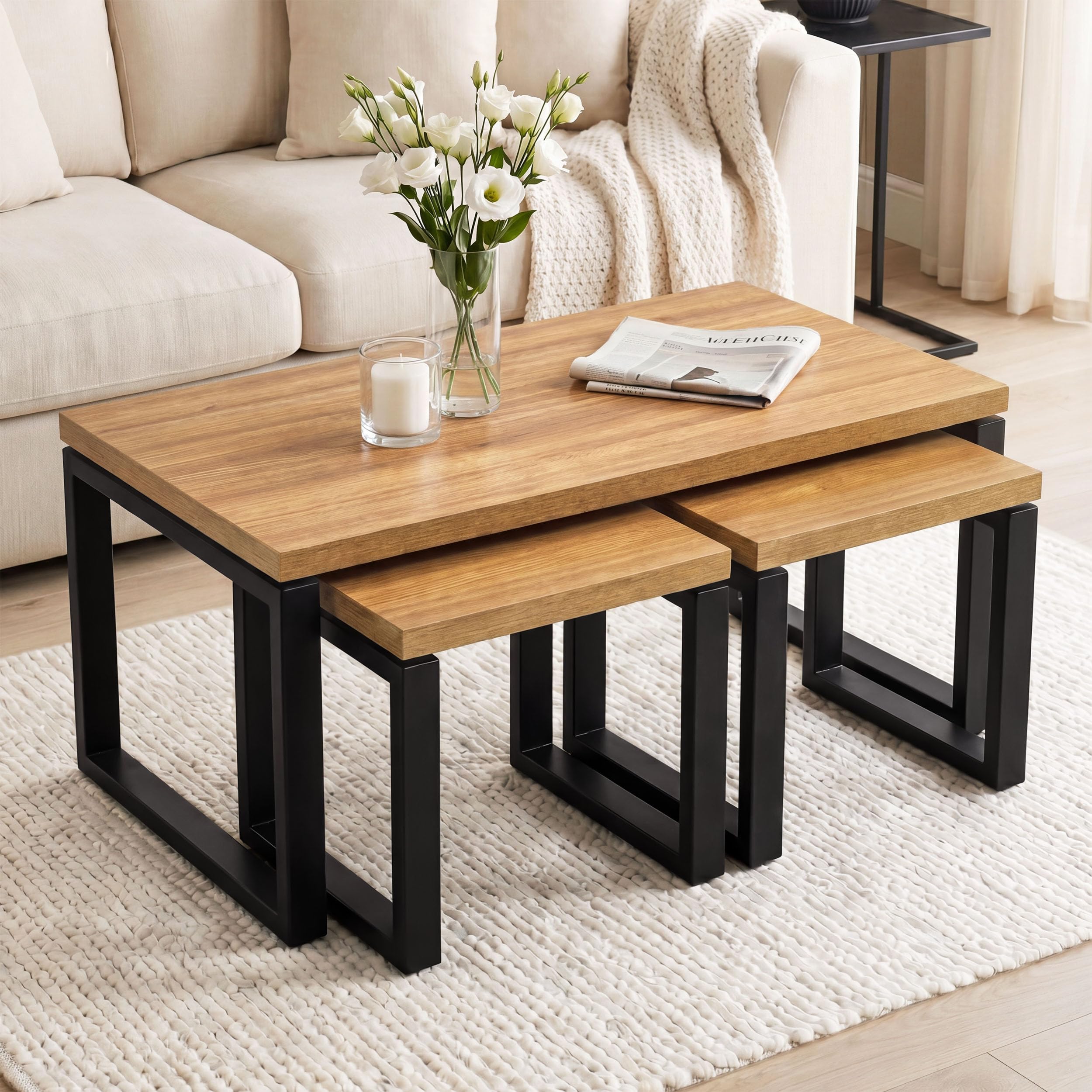 Blisswood Nesting Coffee Table Set of 3, Industrial Sofa Side Tables with 35mm Thick Wood Top, Metal Frame Legs & Slide Under Design, Space Saving Modern Centre & Side Tables for Living Room, Oak