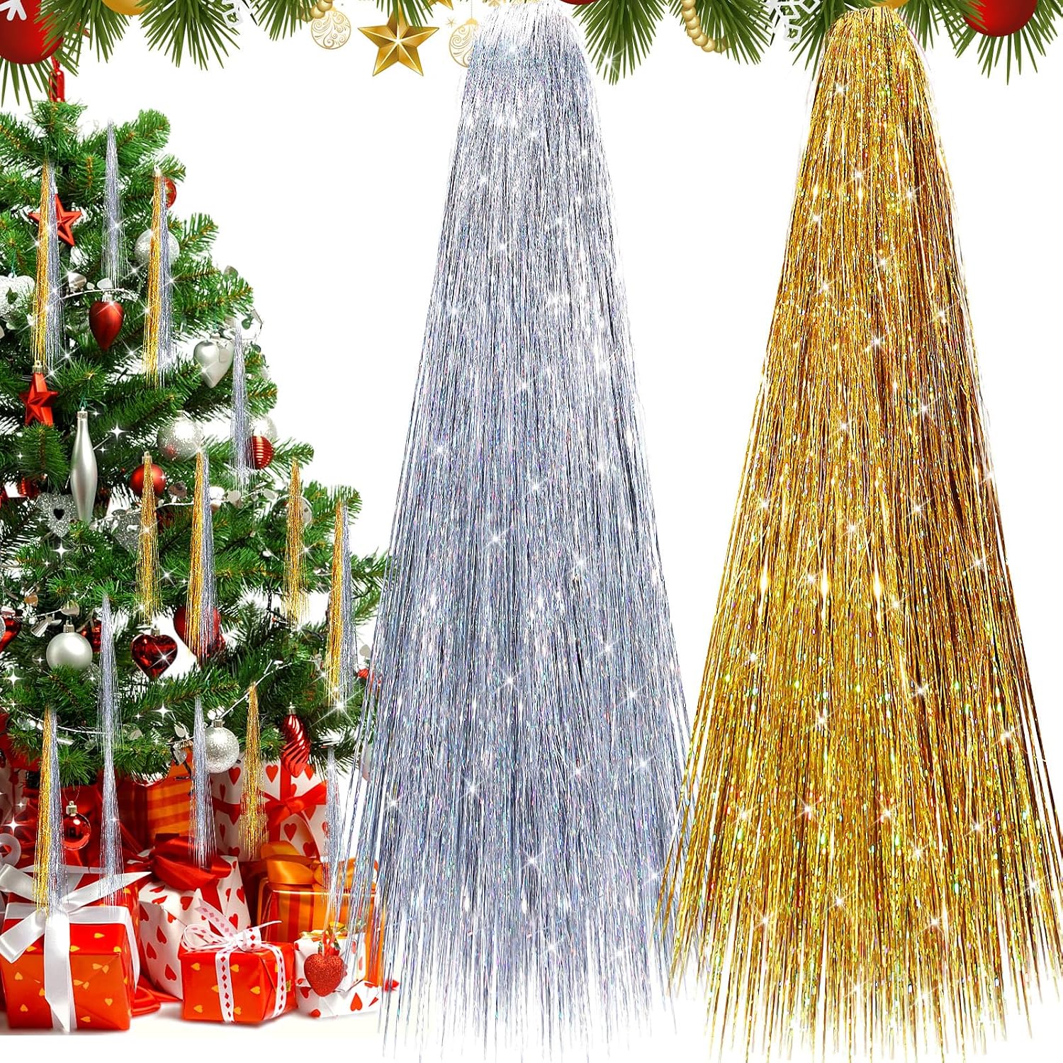 Chuangdi 20000 Strands Christmas Tinsel Icicles 19.7" Tinsel Foil Fringe Garland for Christmas Tree Decor Party Supplies Holiday Decor(Yellow, Silver)