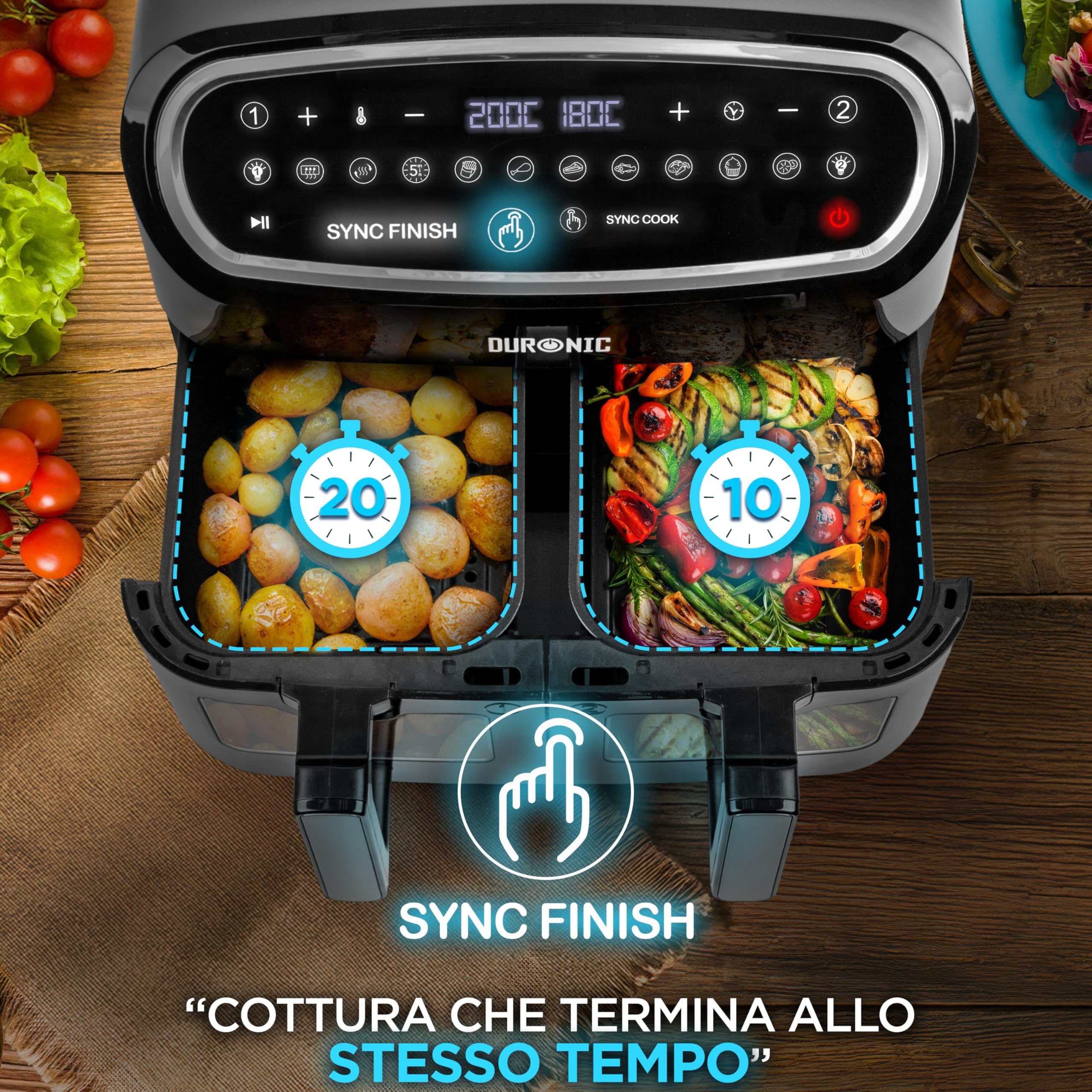 Duronic AF34 BK Friggitrice ad Aria XXL, Air Fryer 2400W, Fornetto elettrico 2 cestelli e 1 cestello grande, Friggitrice senza olio, Friggitrice ad aria calda, Cottura sincronizzata, Pollo, patate