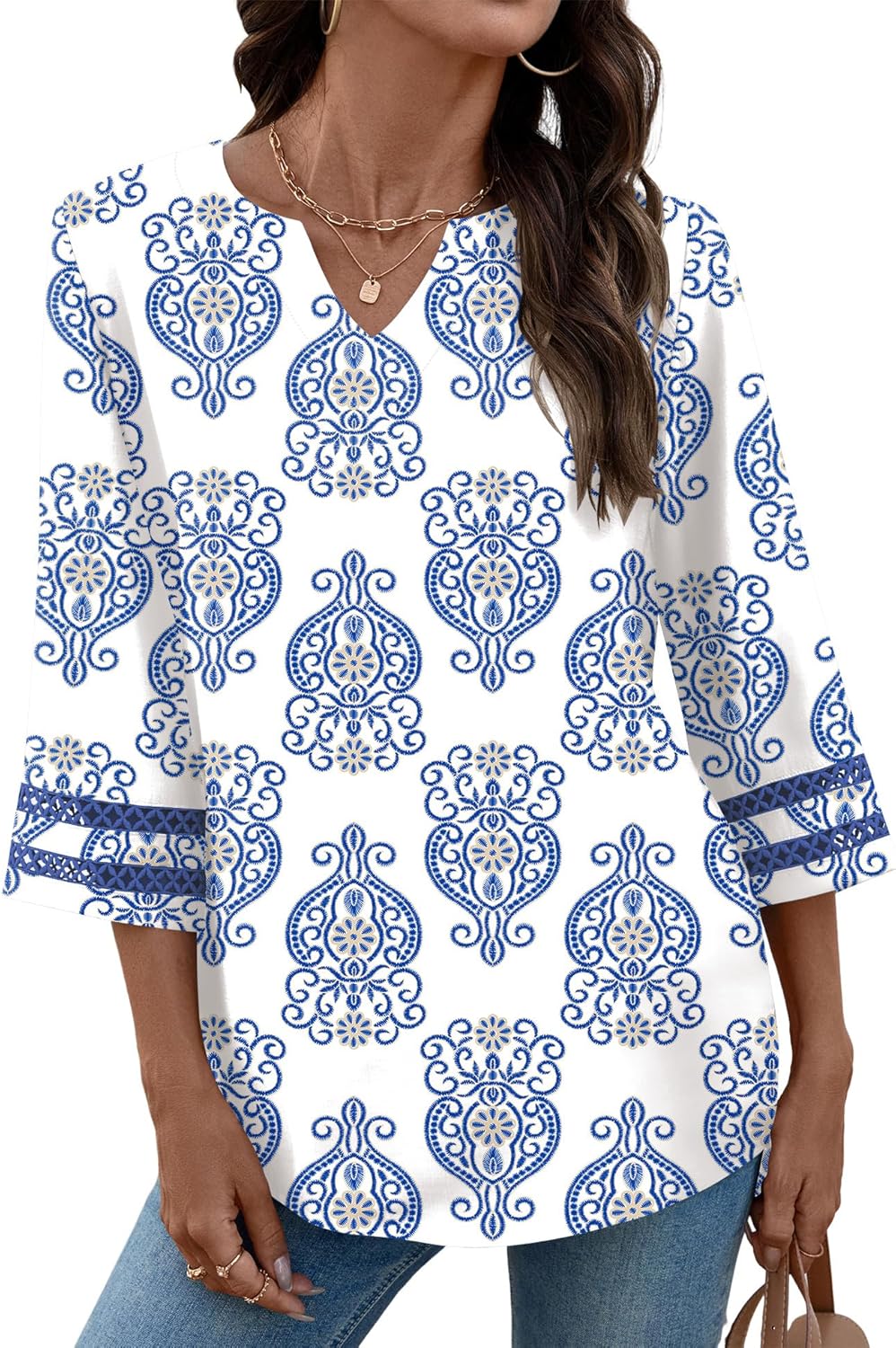 Lomon Womens 3/4 Sleeve V Neck Bohemian Blouses Casual Loose Fit Tunic Tops Vacation Clothes - Image 2