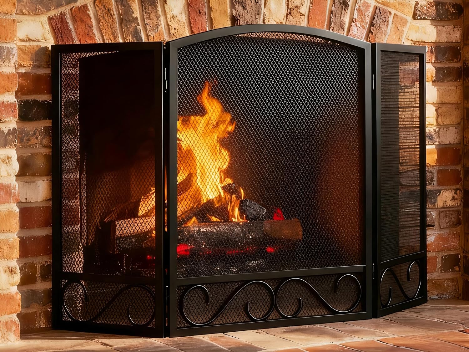 FEEDGARDEN 3-Panel Wrought Iron Fireplace Screen 48"W x 29"H Foldable Heavy Duty Spark Guard with Decorative Mesh, Black