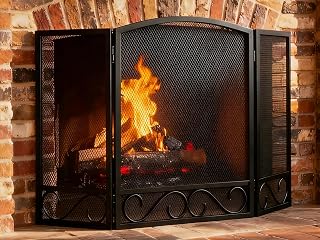 FEEDGARDEN 3-Panel Wrought Iron Fireplace Screen 48"W x 29"H Foldable Heavy Duty Spark Guard with Decorative Mesh, Black