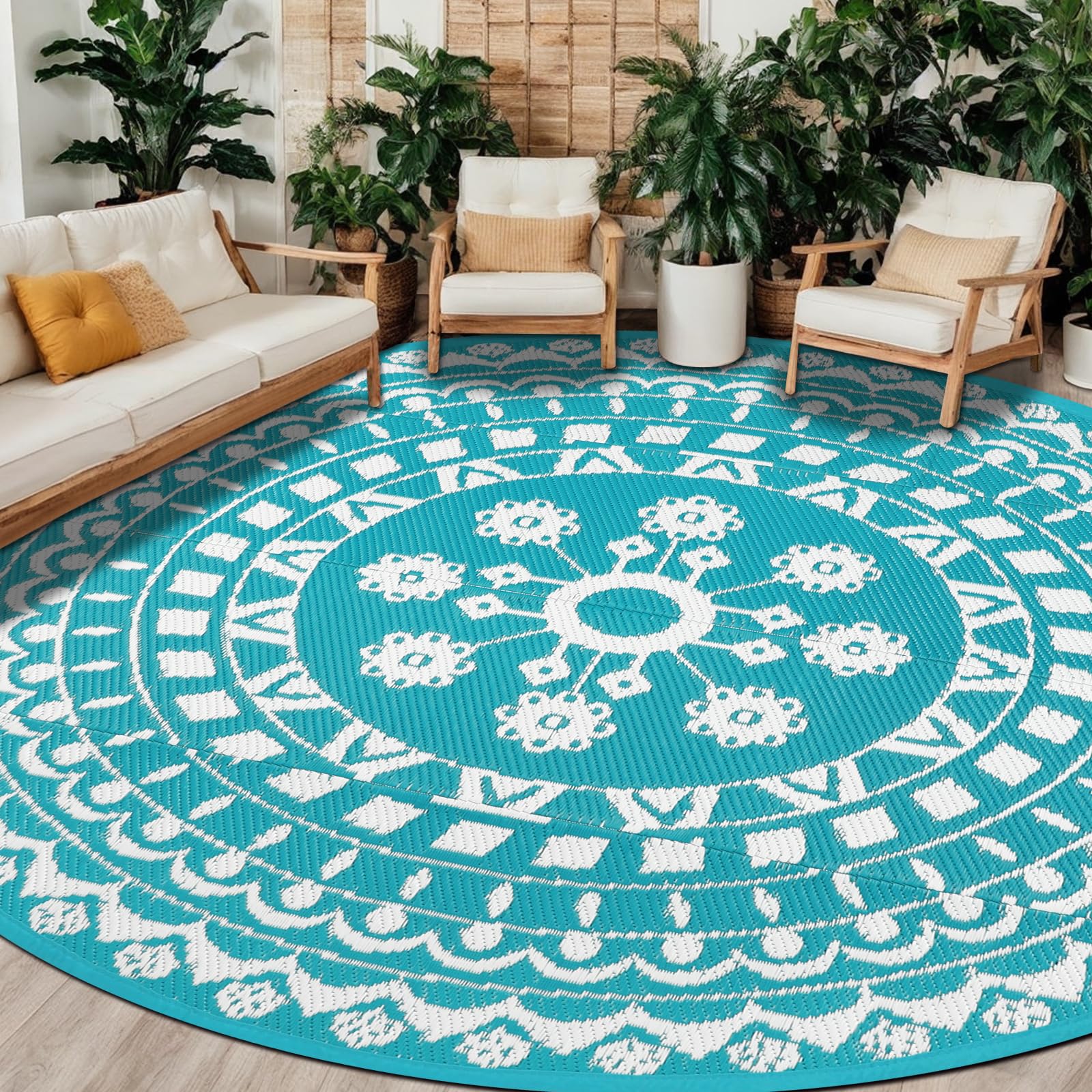 Capslpad Rund Außenterrasse Teppich ∅300cm Wende Picknickmatte Wasserdichter Kunststoff-Strohteppich Boho Innen Außenbereich Teppich für Wohnmobil Hinterhof Balkon Picknick Strand, Teal