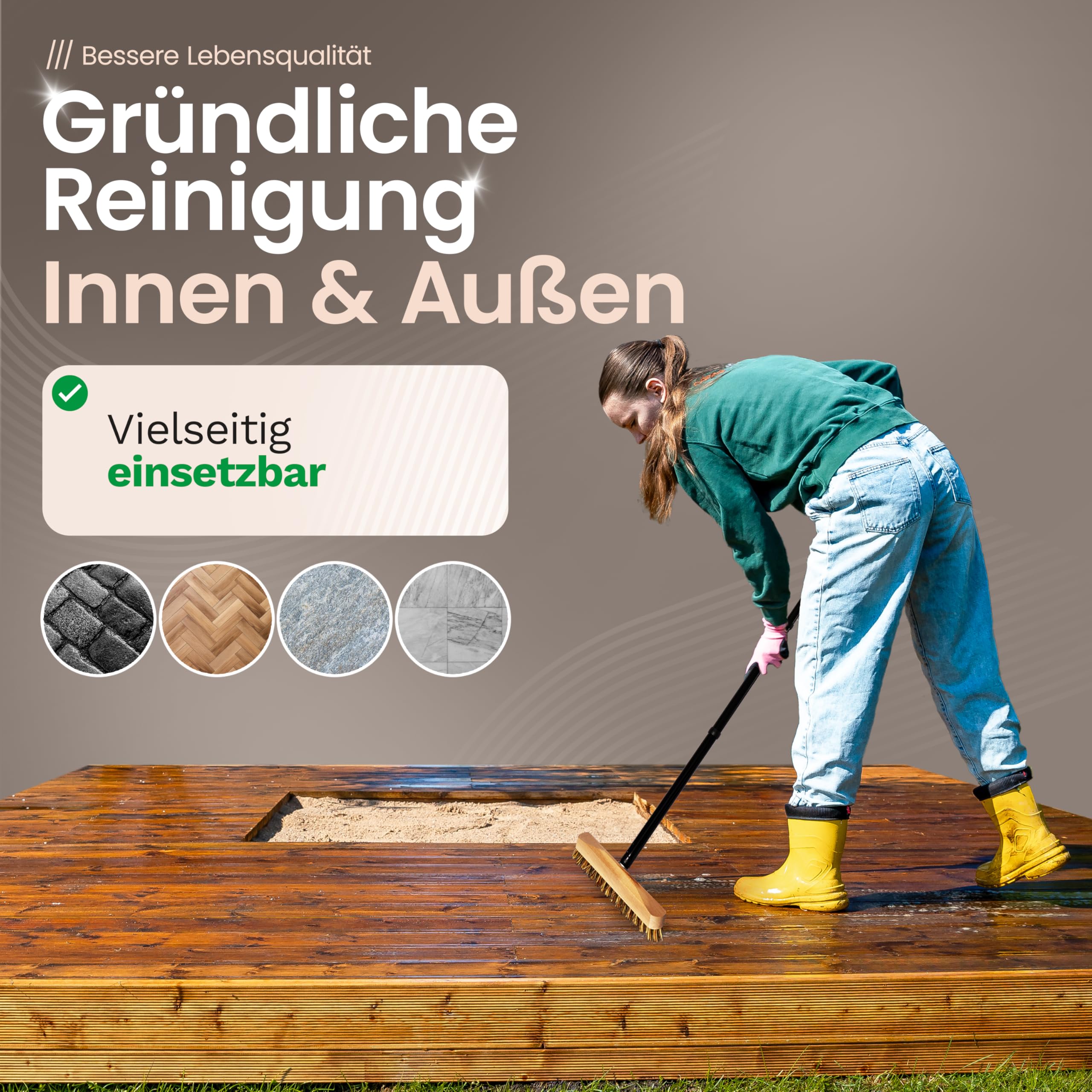 Novaliv Escobilla de madera con cerdas con rosca y mango de 4 piezas – Cepillo abrasivo Union – Cepillo de suelo ideal para limpieza de balcones, terrazas, jardines, interiores y exteriores