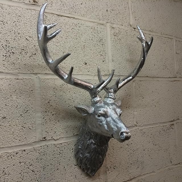 Antique Silver Decorative Stags Head Sculpture with Antlers Wall Mounted