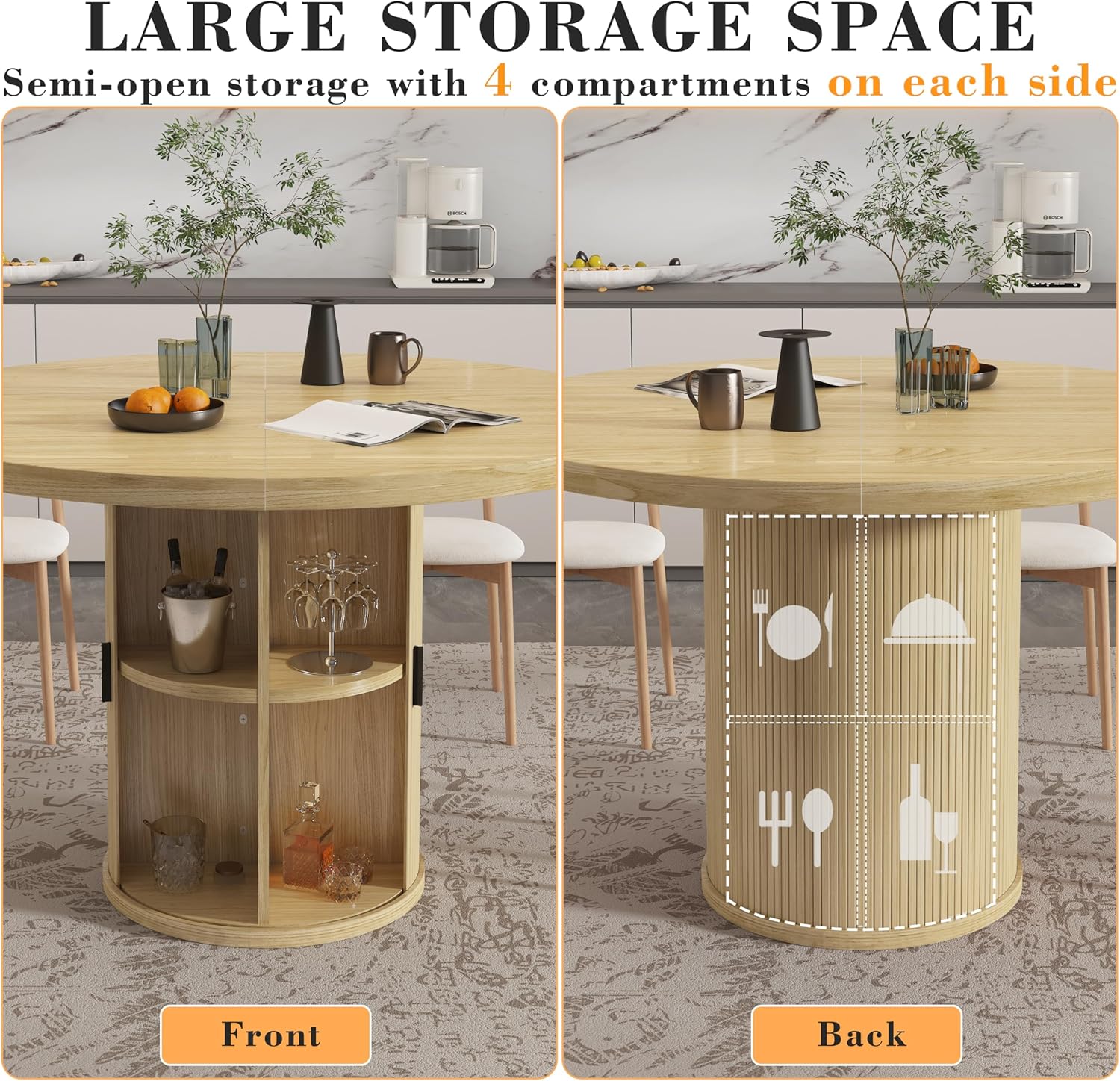 35.5'' Round Pedestal Dining Table, Modern Fluted Dining Room Kitchen Table with Storage Shelf, Wood Base Dinner Tables for Kitchen, Breakfast Nook, Small Space, Living Room(Natural)