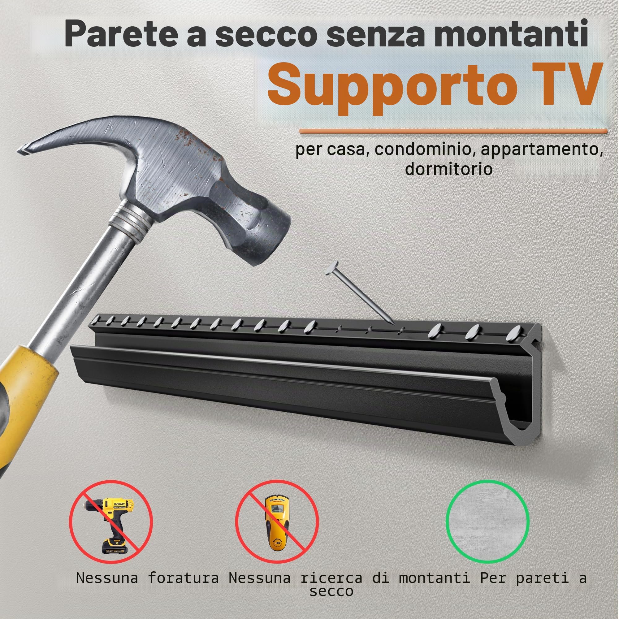 Supporto da parete per TV senza piedistallo per TV da 32–75 pollici, supporto da parete per TV per pareti in cartongesso, senza forare e senza tasselli con max VESA 600x400 mm fino a 68 kg
