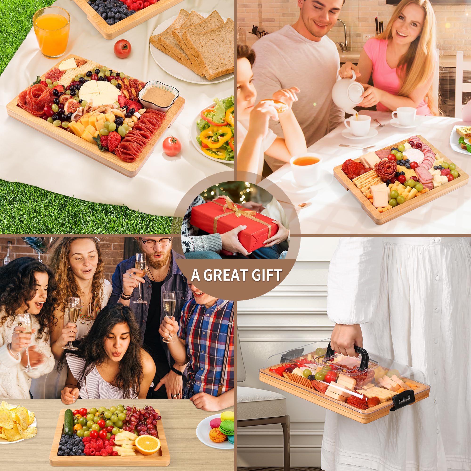Tabla de charcutería con tapa y asa, juego de tablas de queso de bambú portátil de diseño de viaje con 4 herramientas de queso, regalo para inauguración de la casa, bodas, picnics (1 6