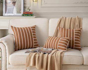 Caflife Boho Throw Pillow Covers 12x20 Set of 2 Soft Farmhouse Decorative Couch Pillow Cases Brown Striped Pillow Covers Neutral Cushion Covers for Sofa Bed Living Room Home Decor