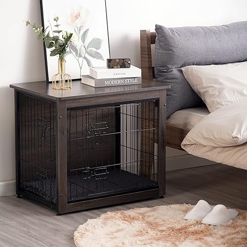 Miniatura 5 de DWANTON Mueble de jaula para perros con cojín, caja de madera para perros con puertas dobles, muebles para perros, perrera de interior, mesa