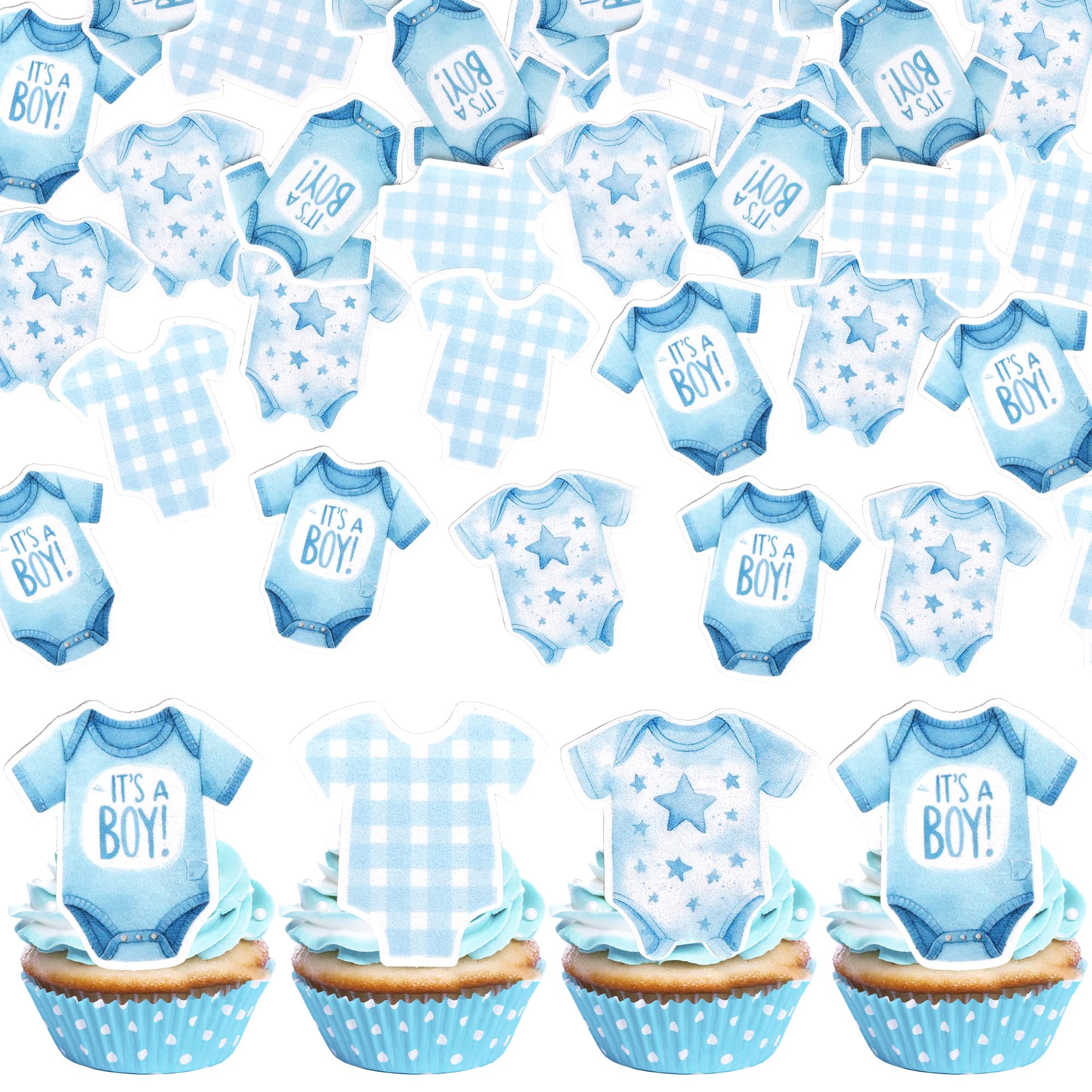 Edible 60 Pack Bodysuit Cupcake Toppers Double Sided Jumsuits Cupcake Picks It's a Boy Baby Shower Decorations for Boys Kids Birthday Baby Shower Theme Gender Reveal Party Cake Decorations Supplies