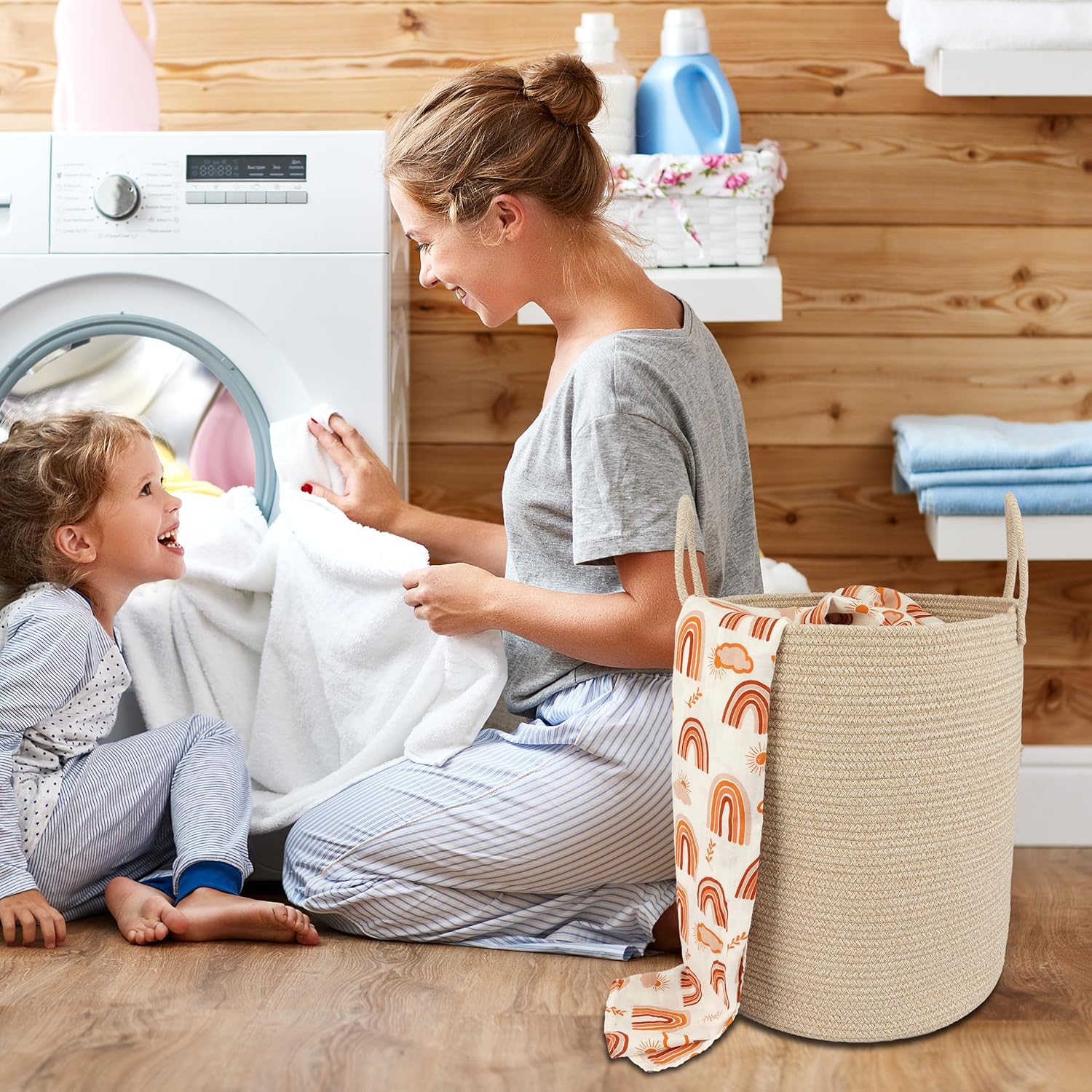 Cotton Rope Laundry Basket Hamper for Clothes Woven Storage Basket for Living Room Bedroom Boho Tall Rope Baskets for Blanket Toys Pillow Towels Baby Nursery Hamper Bin oatmeal - Image 4