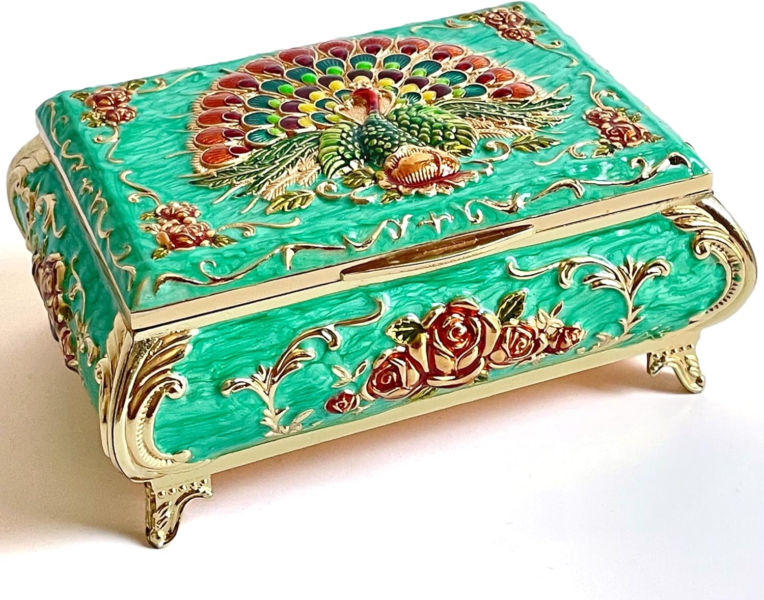 Rectangular Vintage Jewelry Chest,Colorful Peacock Relief Metal Jewelry Box,Bracelet Necklace Earrings Ring Storage Case for Women (Light Green, Medium)
