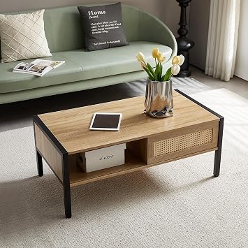 Mid Century Modern Coffee Table with Storage, 40.16 Inch Rectangle Wooden Accent Center Sofa Table with Sliding PE Rattan Woven Door Panel and Metal Legs, Suitable for Living Room, Apartment