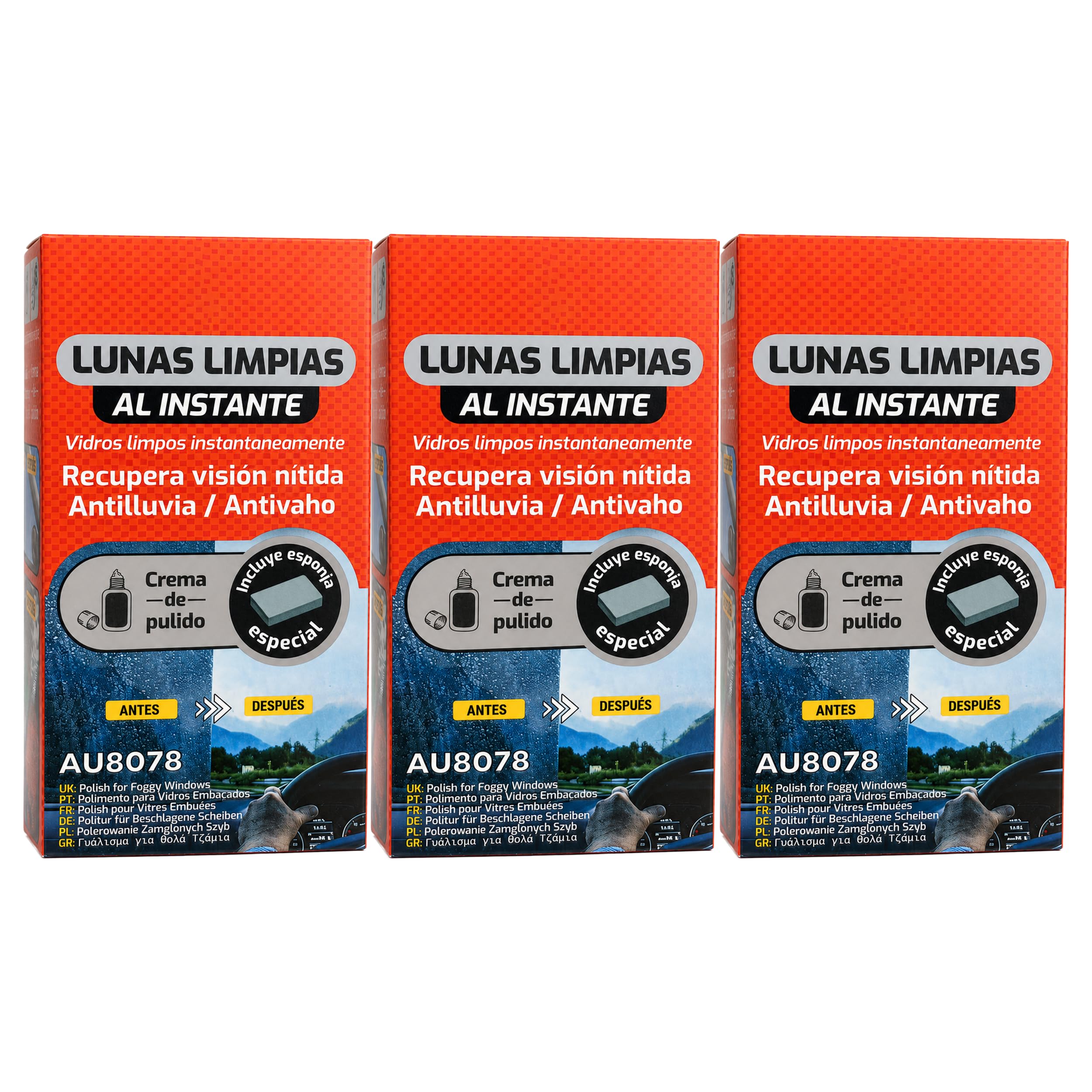 Pulimento Cristales Coche, Antilluvia y Antivaho, con Esponja, Pack de 12