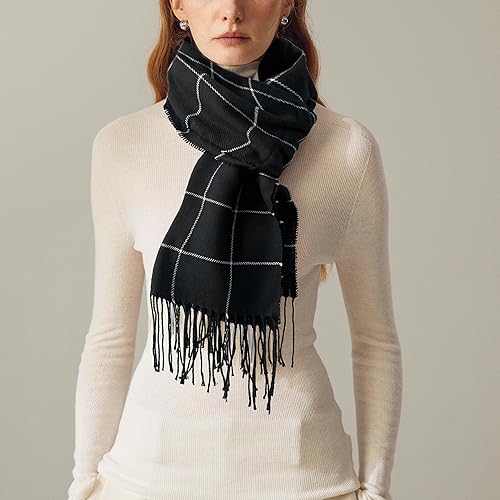 Miniatura 2 de Bufanda clásica con borlas para mujer, súper suave, sensación de cachemira clásica, para otoño e invierno, bufandas de tartán cálido y grueso