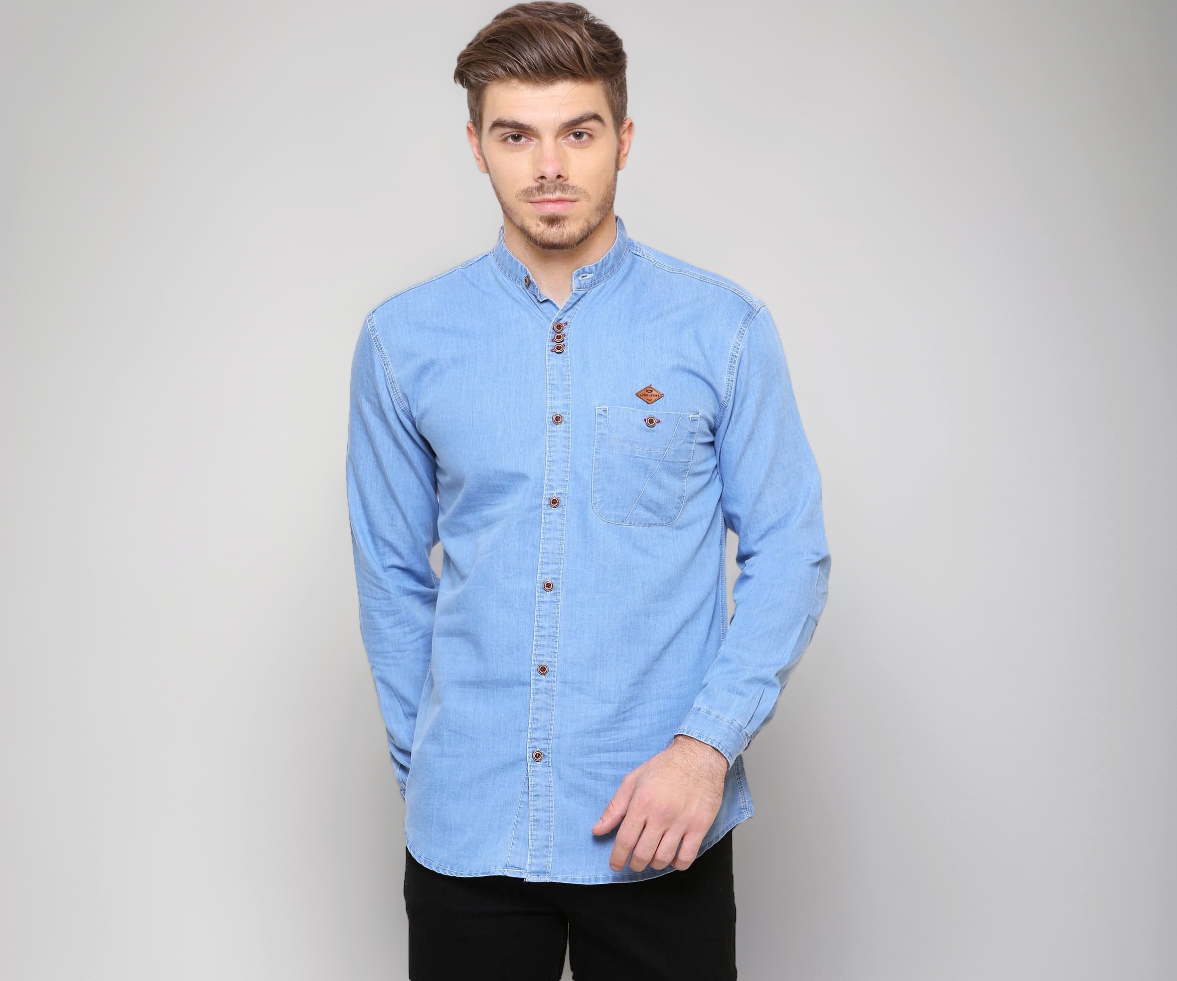 Kuons Avenue Men's Mandarin Collar Denim Casual Shirt | Chinese Collar
