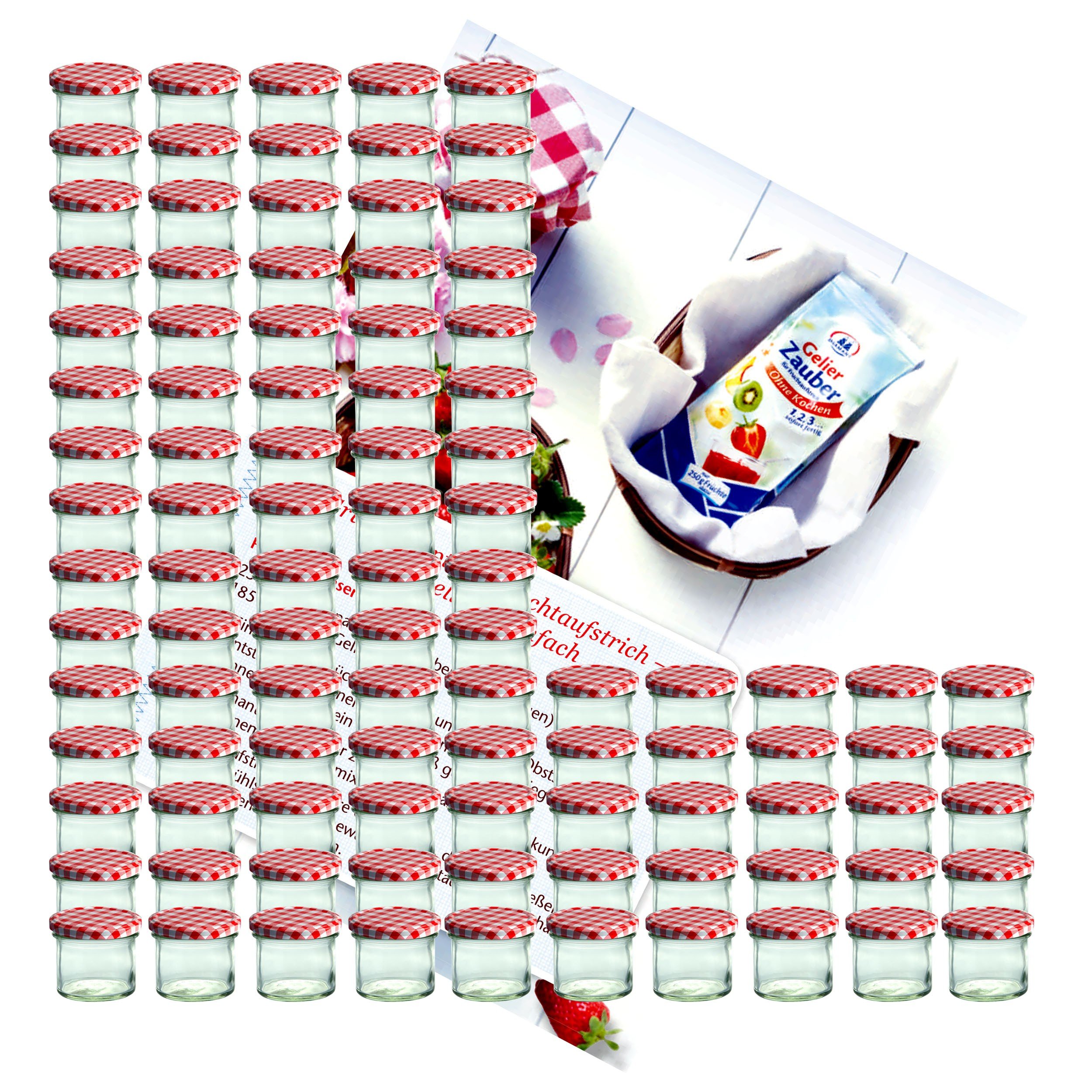 MamboCat 100er Set Sturzglas 125 ml Marmeladenglas Einmachglas Einweckglas to 66 rot Karierter Deckel incl. Diamant-Zucker Gelierzauber Rezeptheft