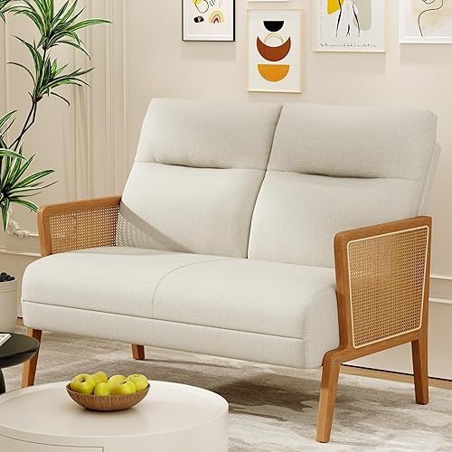 Love Seat - Sofá pequeño tapizado con reposabrazos de ratán natural, respaldo, sofá biplaza para sala de estar, dormitorio, color beige