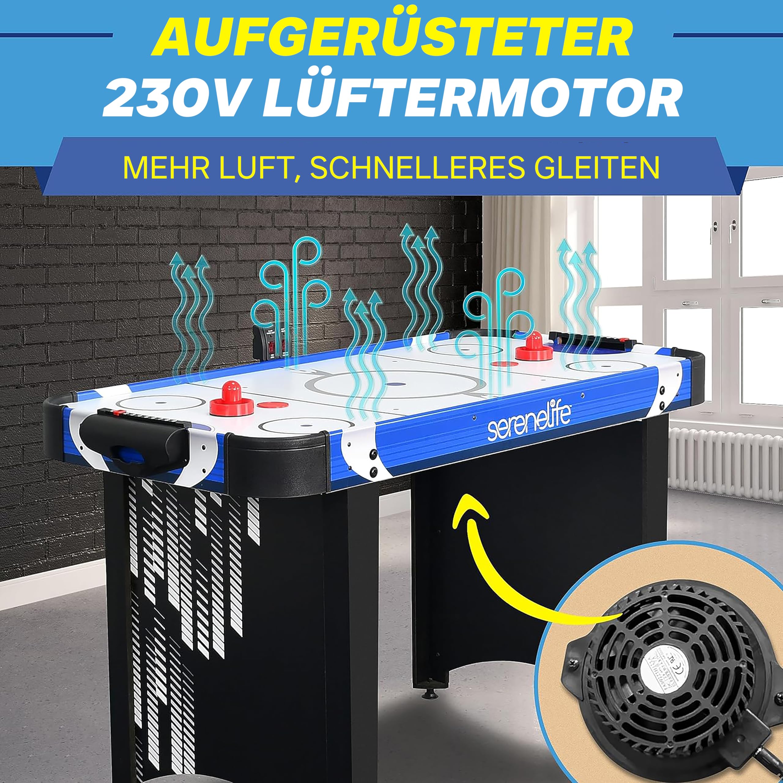 SereneLife Airhockey Tisch mit Luft – Air Hockey Spieltisch ideal als Gamer Tisch – Tischhockey für lustige Tischspiele mit Airhockey Pucks & Schieber – Robuste Air Hockey Tische Kinder & Erwachsene