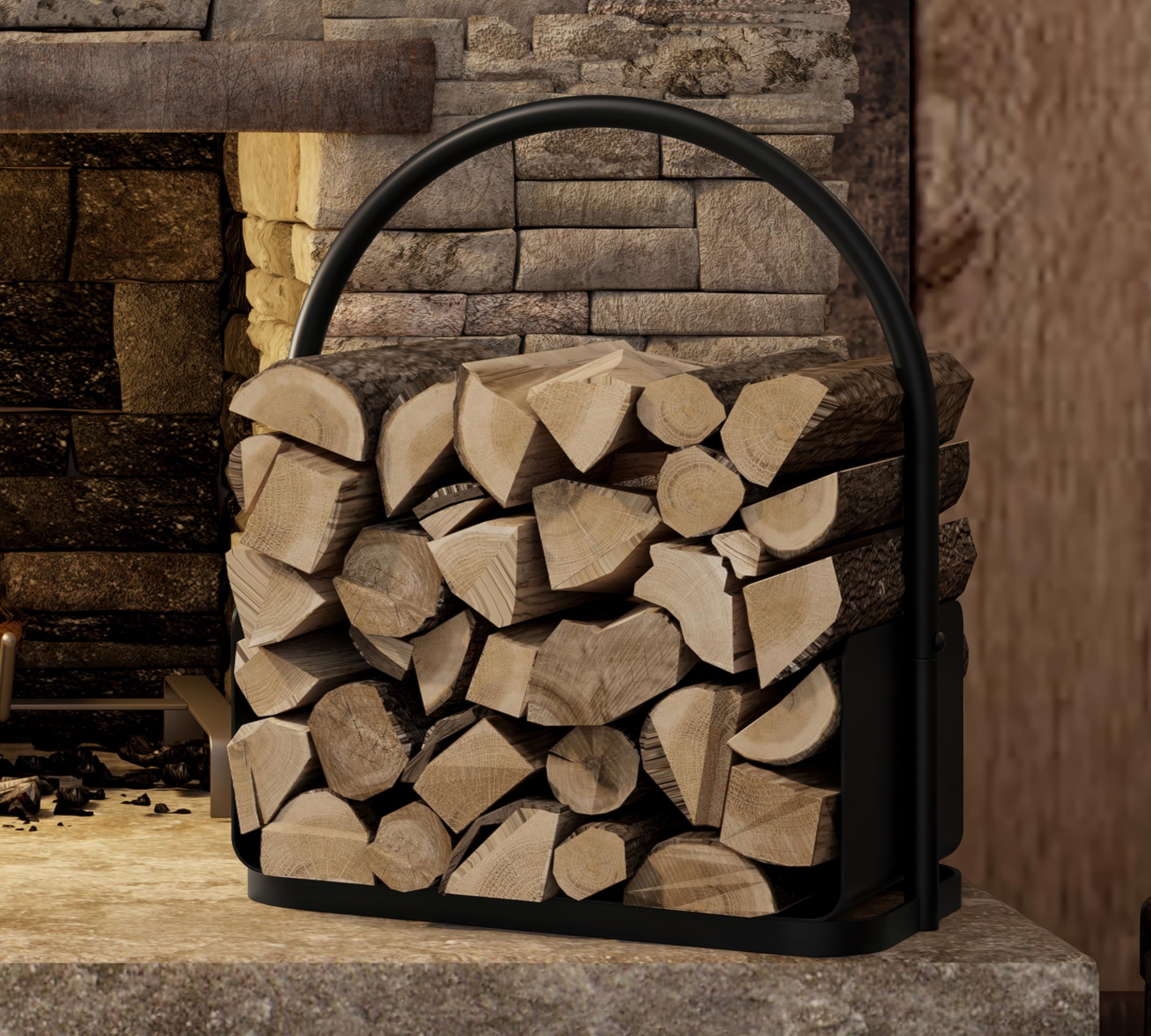 Kingson Panier à bois de cheminée – Porte-bûches en acier à revêtement poudré noir avec poignée et bord surélevé – 42 x 28 x 42 cm – Étagère de rangement de bois pour cheminée intérieure et extérieure