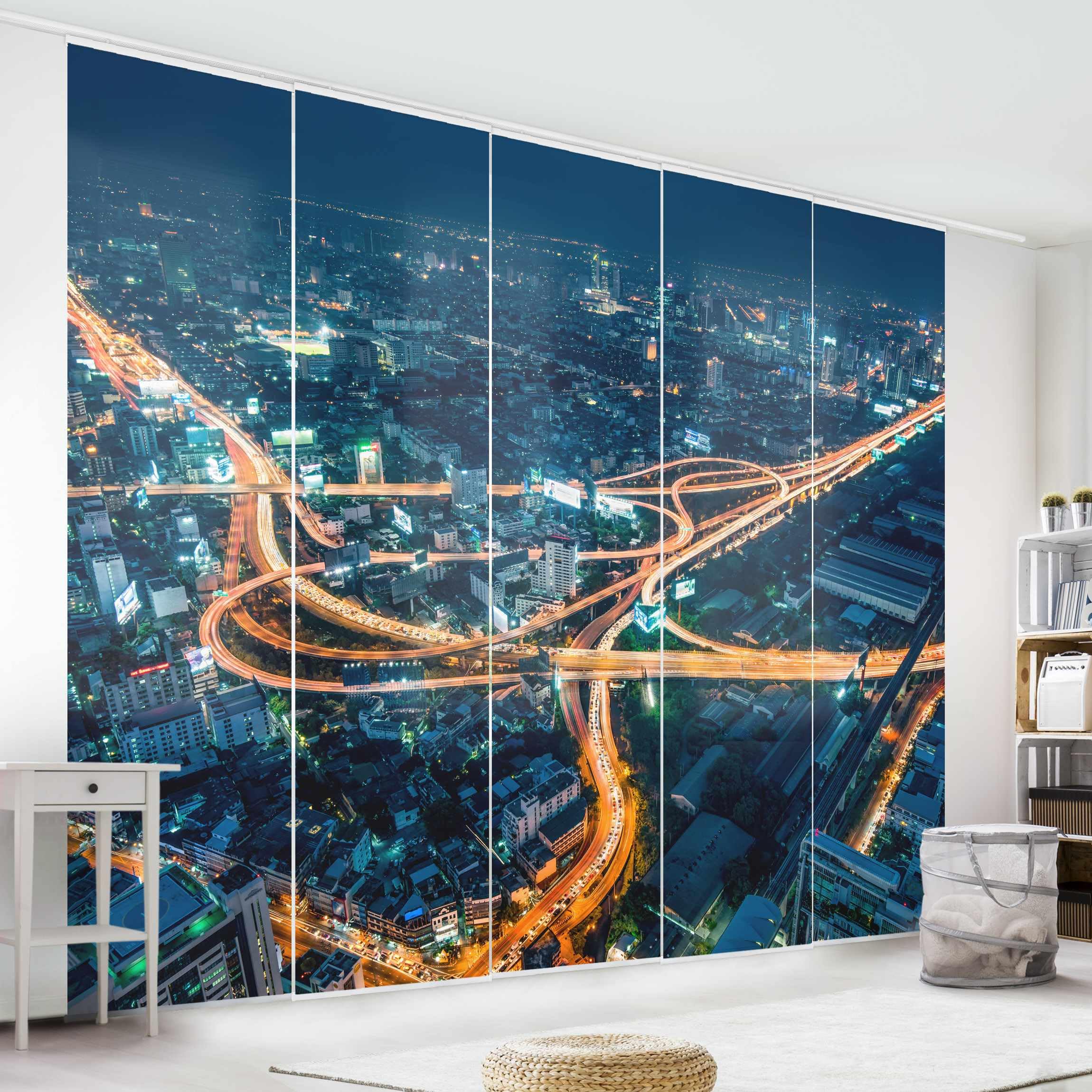 Schiebegardine halbtransparent 60er Paneel Klett Skyline Textil lichtdurchlässig - Asien Modern Flächenvorhang blau Wohnzimmer Schlafzimmer 2556 (300x250 cm - 5er Set)
