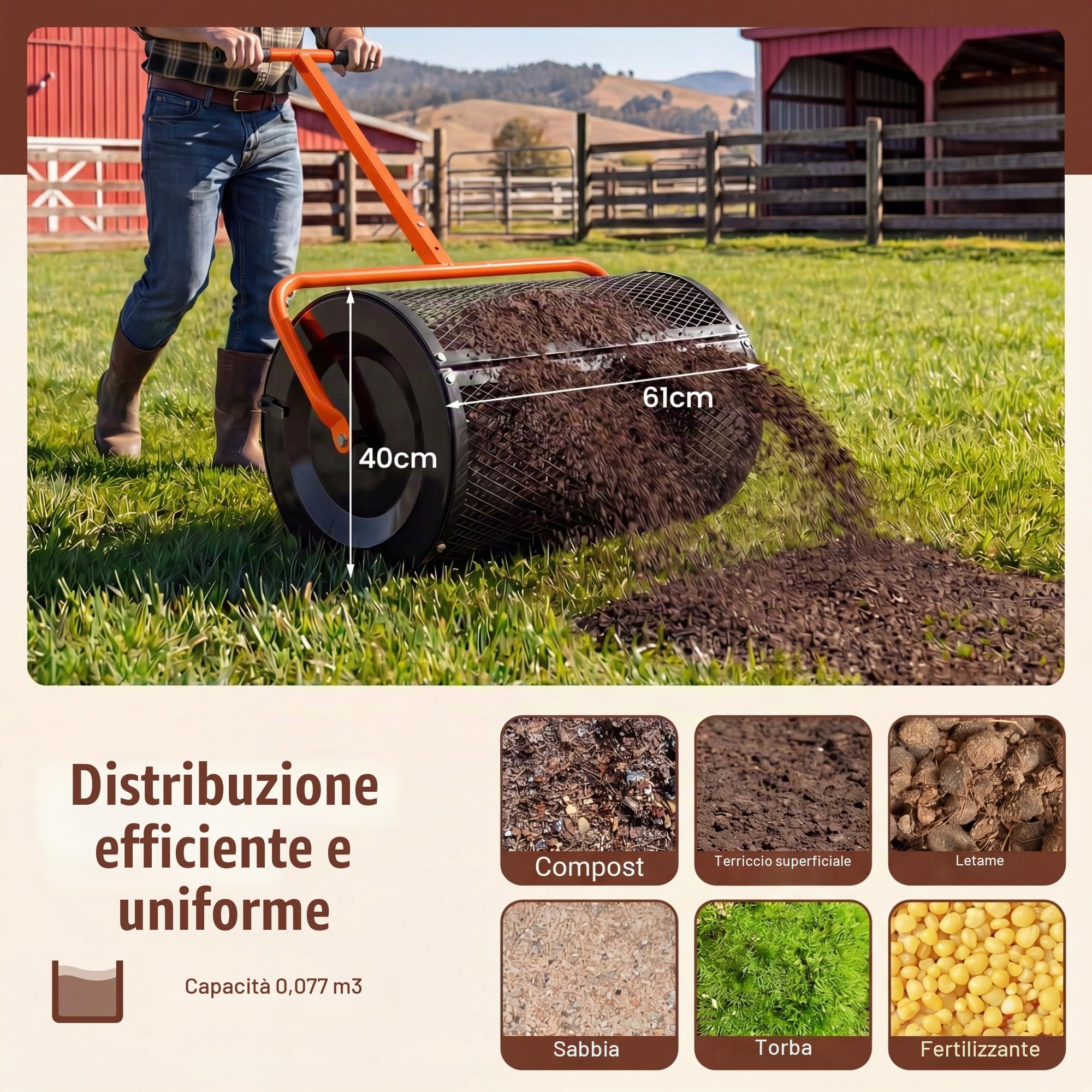HOMASIS Spandiconcime a Rullo, Rullo da Giardino con Rete Metallica e Manico Regolabile in Altezza, Spanditore per Compost con Chiusure Laterali e Perno a Apertura a B per Cortile e Prato (Arancione)