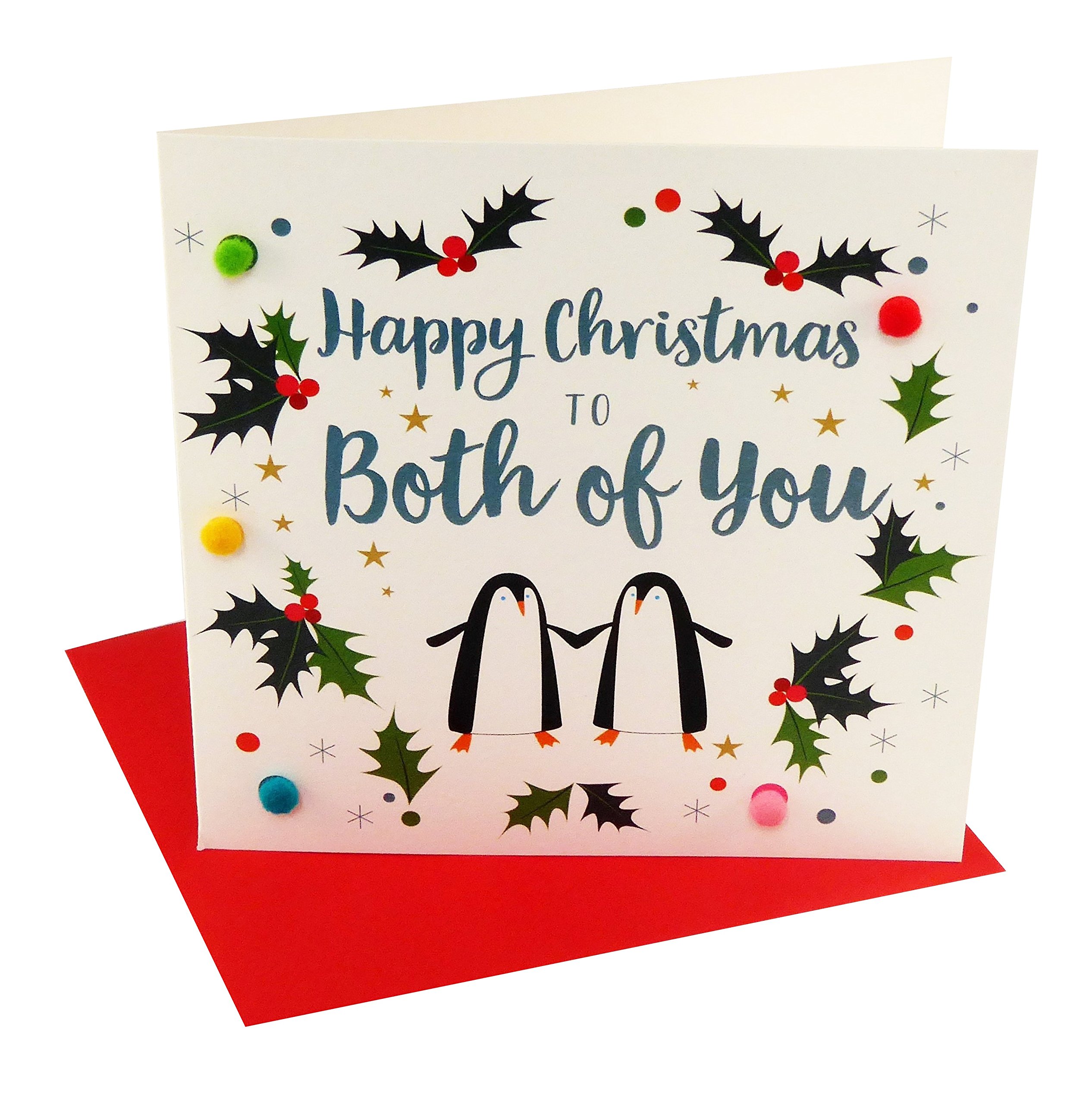 Claire Giles Greeting Cards, Happy Christmas Card, Both of You, Two Penguins Design Xmas Greeting Card, Embellished with Colourful Pompoms