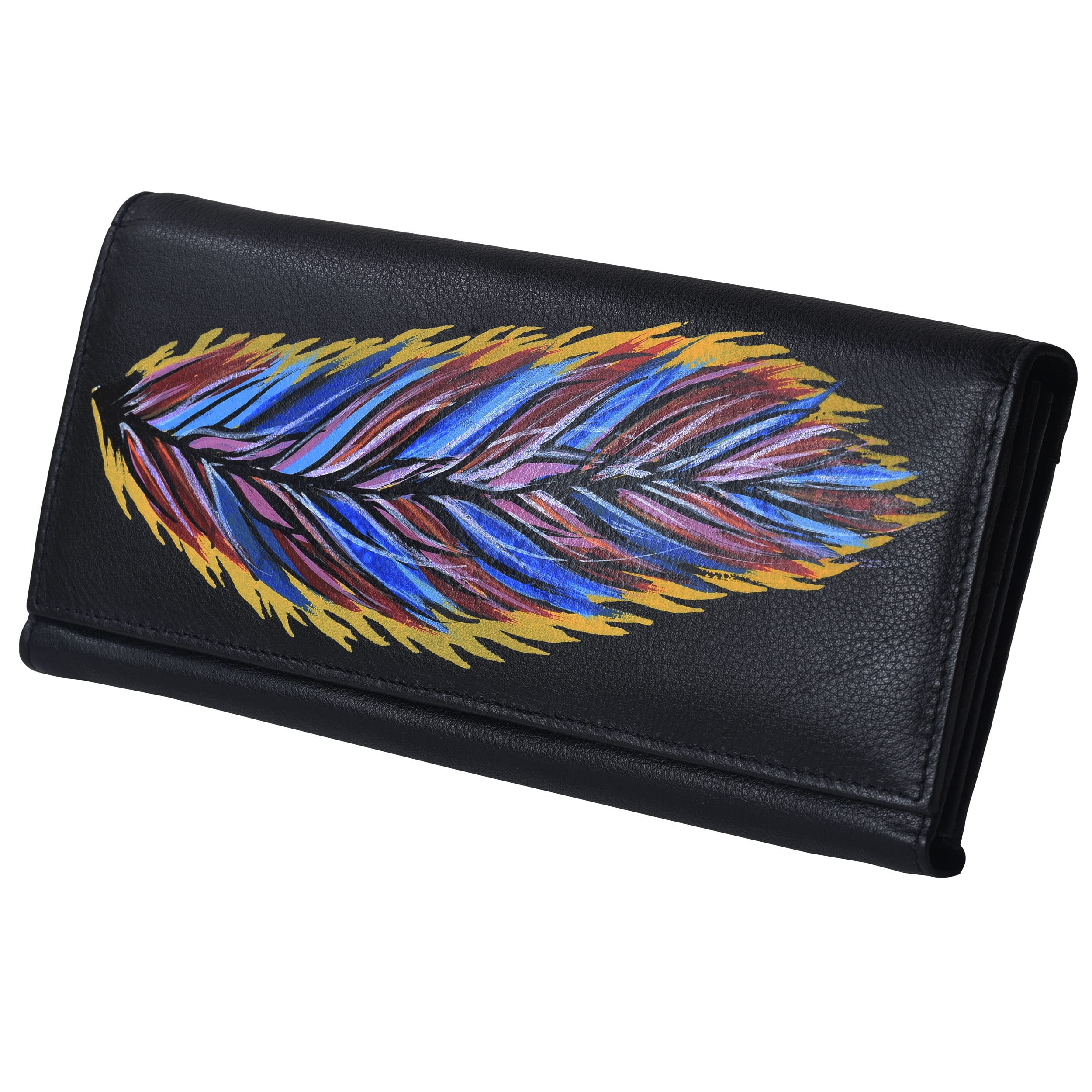 oxims Women’s Genuine Leather Feather Hand Painted RFID Blocking Clutch/Purse (Black)-picture-19