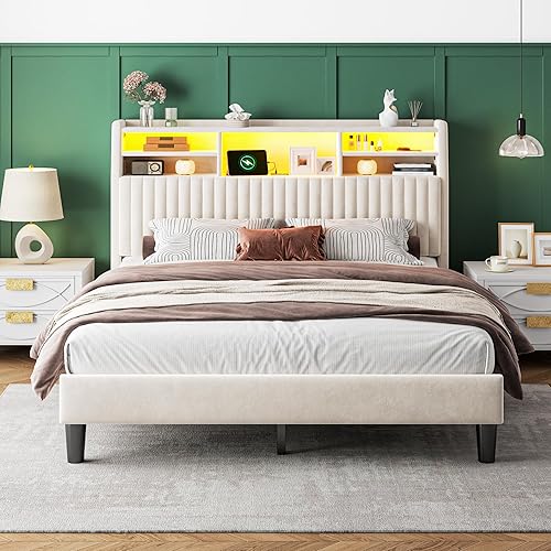 Miniatura 6 de Base de cama tamaño Queen, marco de cama de terciopelo con estación de carga y luces LED, cabecera capitonada de canal vertical con estantes de