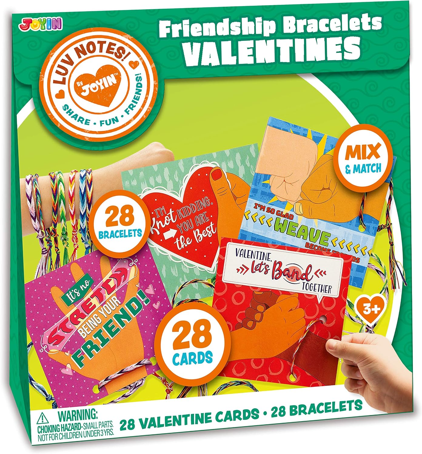 JOYIN 28 Pack Valentines Day Gifts Cards for Kids with Color Friendship Bracelets, Valentine Classroom Exchange Cards, Valentine's Greeting Cards and Valentines Party Favors