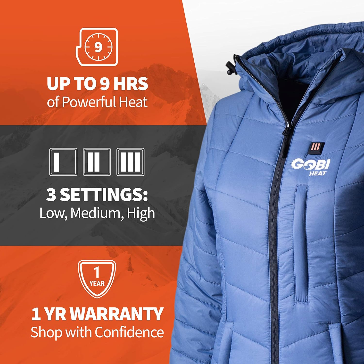 Victoria Women’s Long Puffer Heated Jacket - 9 hrs of Heat | 5 Heat Zones | with Battery & Charger | Machine Washable | All Day Warmth | M