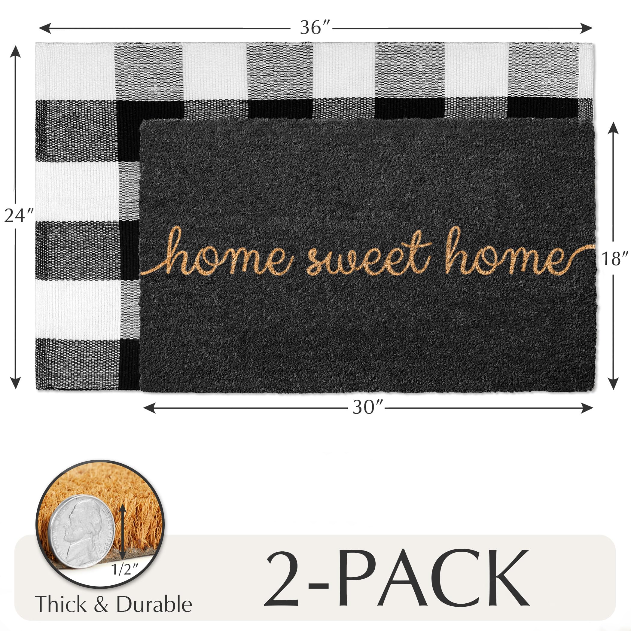 Emerson 100% Coir Doormats, 2-Pack Front Door Mats for Outdoor Entrance ?Çô 30?Ç¥ x 18?Ç¥ Welcome Mat for Home, 2-in-1 Entryway Patio & Layered Buffalo Plaid Rug, Outside Porch ?Çô Heavy Duty (Home)