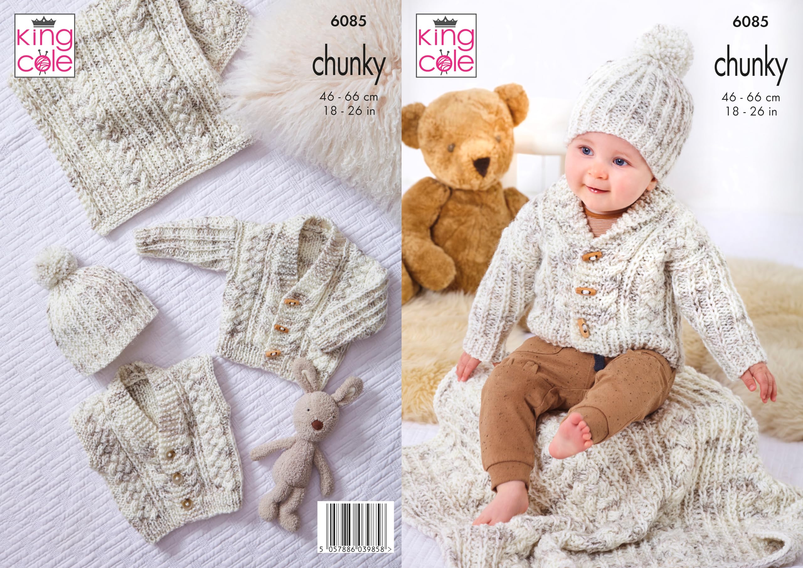 King Cole Chunky Knitting Pattern - 6085 Jacket, Cardigan, Gilet, Hat & Blanket